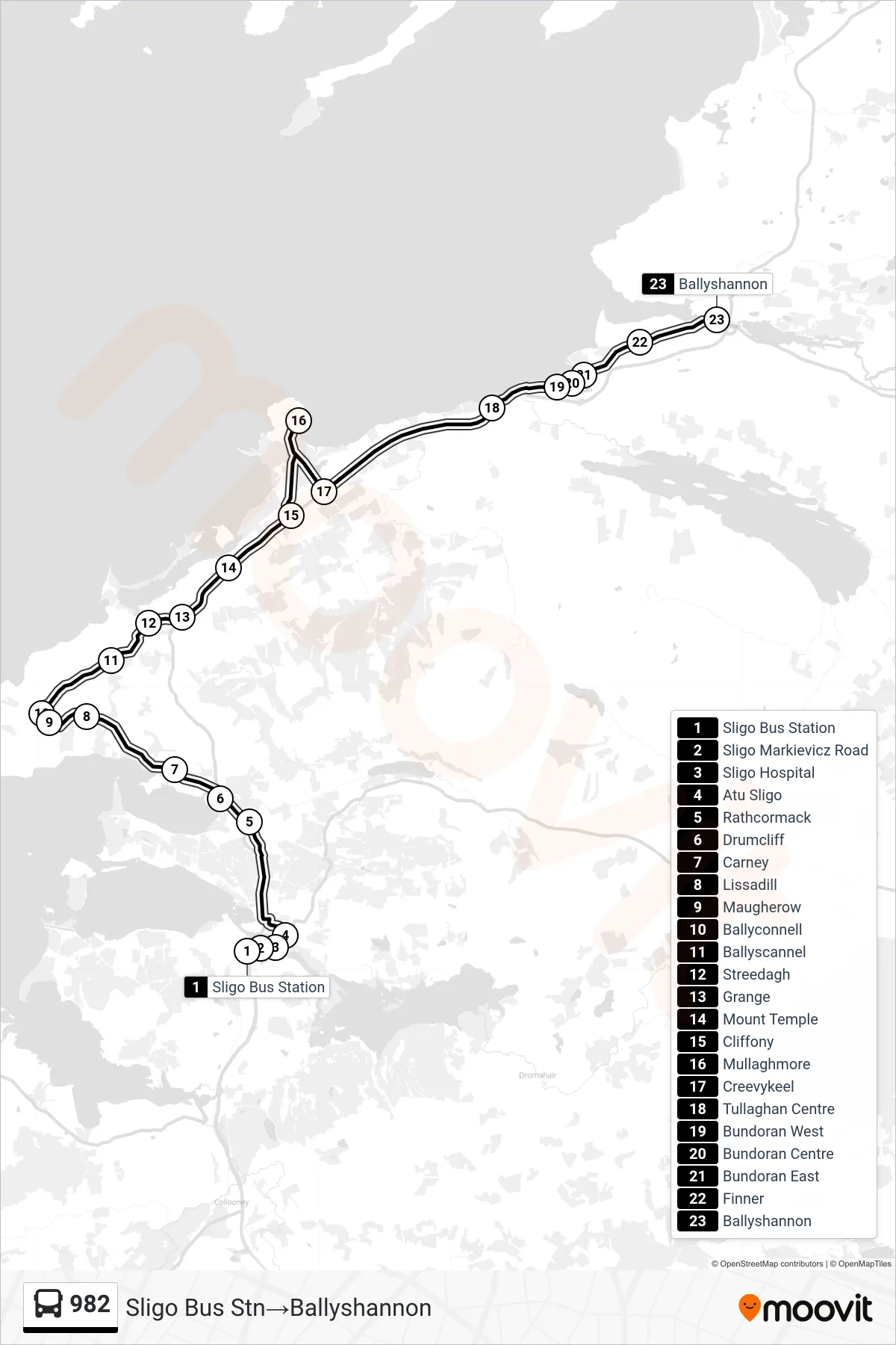 982 bus Line (Sligo Bus Stn‎→Ballyshannon) route and stops on a map