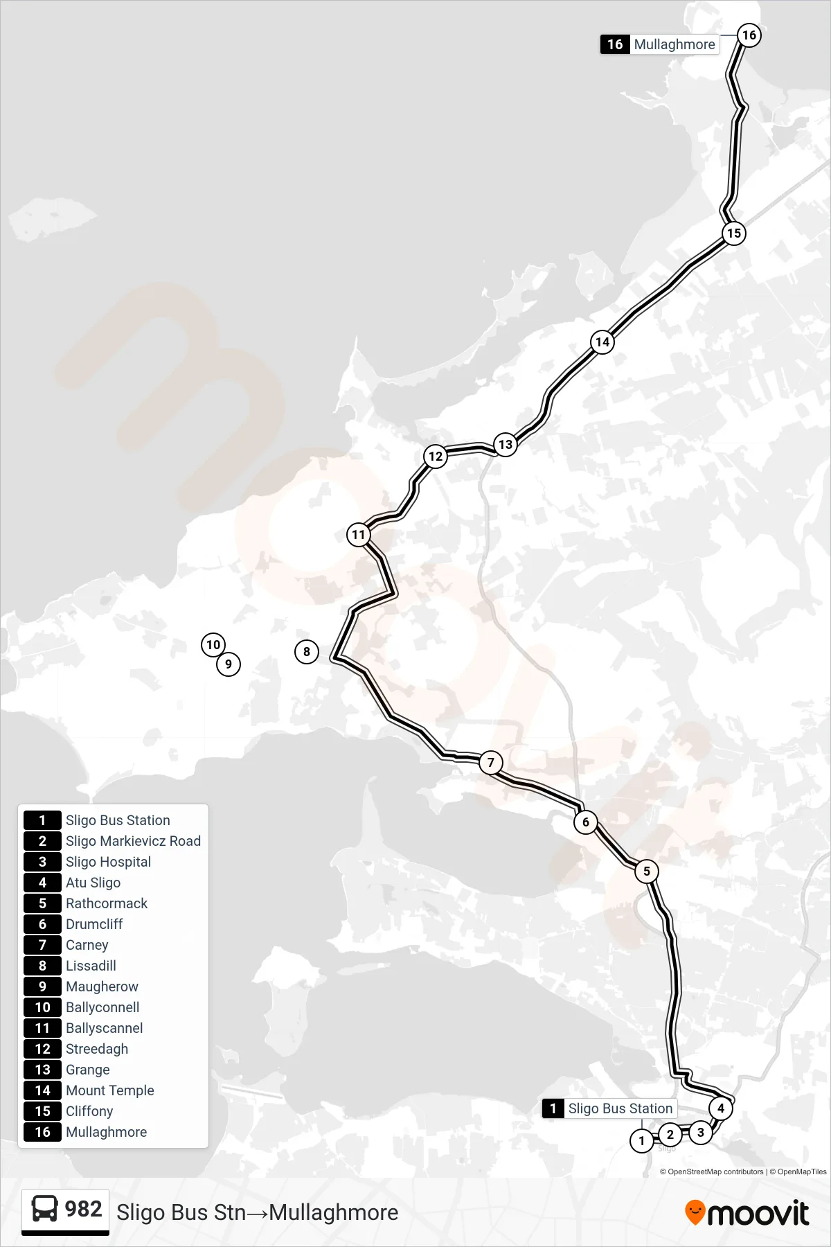982 bus Line (Sligo Bus Stn→Mullaghmore) route and stops on a map