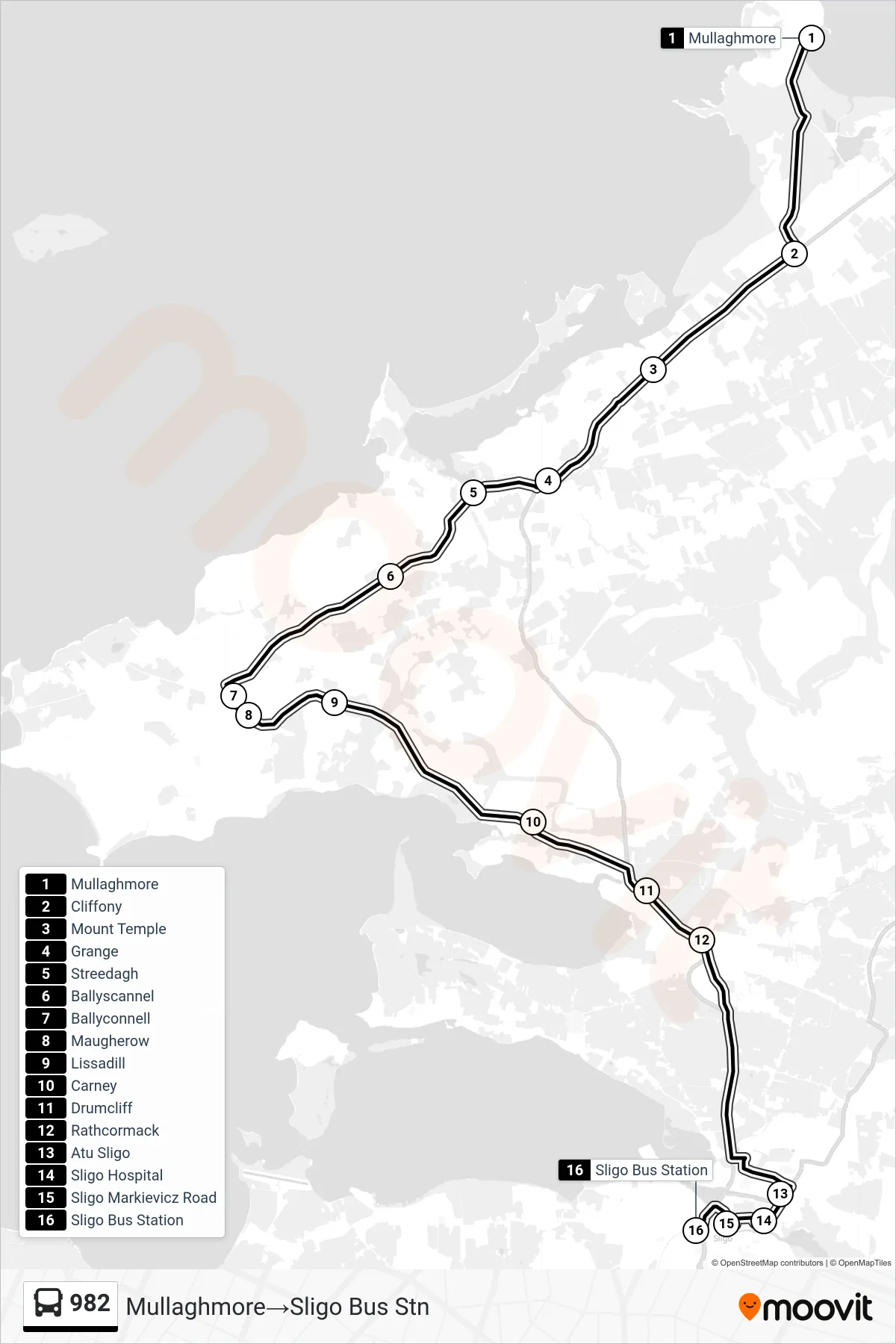 982 bus Line (Mullaghmore→Sligo Bus Stn) route and stops on a map