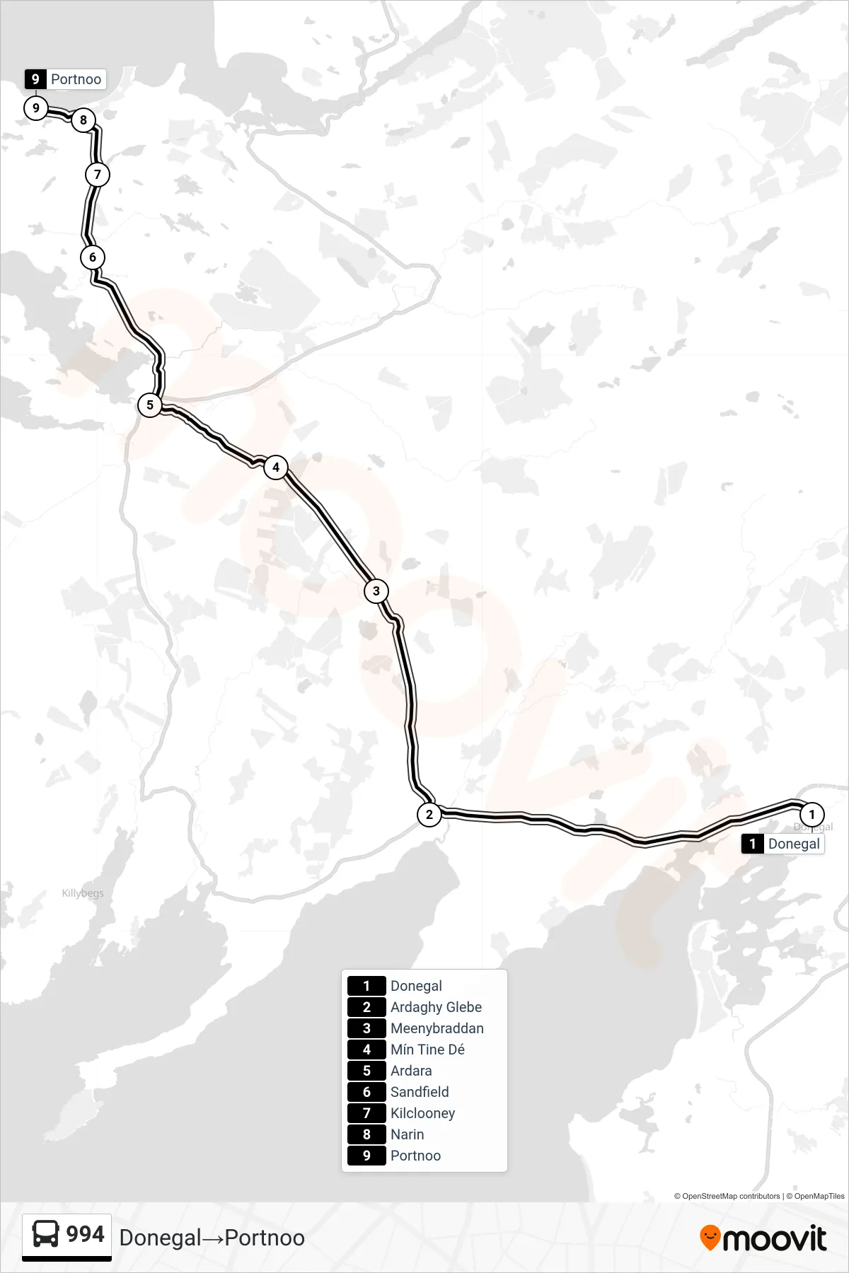 994 bus Line (Donegal‎→Portnoo) route and stops on a map