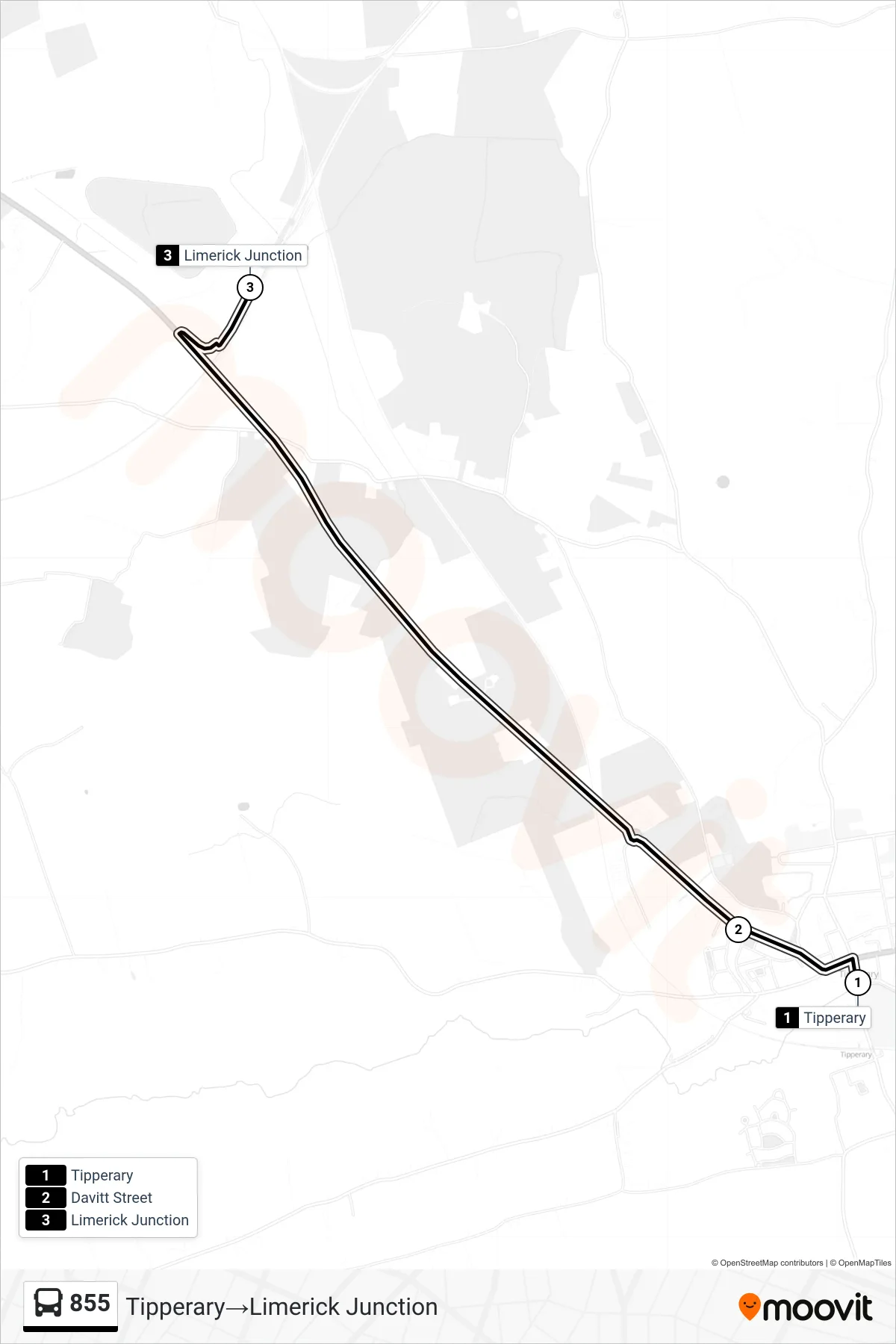 855 bus Line (Tipperary→Limerick Junction) route and stops on a map