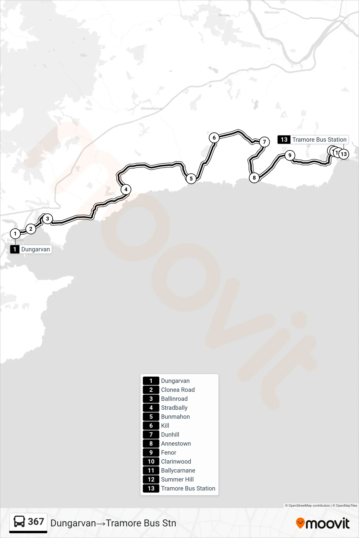367 bus Line (Dungarvan‎→Tramore Bus Stn) route and stops on a map