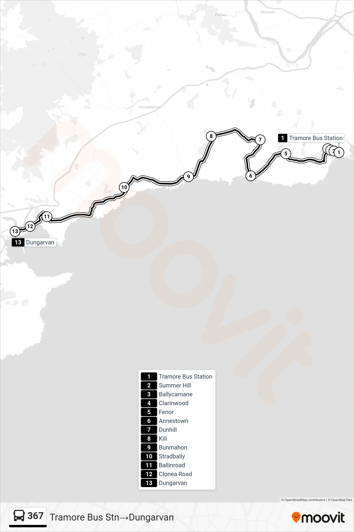 367 bus Line (Tramore Bus Stn→Dungarvan) route and stops on a map