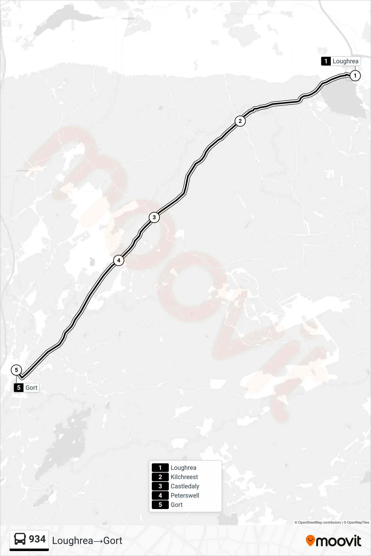934 bus Line (Loughrea‎→Gort) route and stops on a map