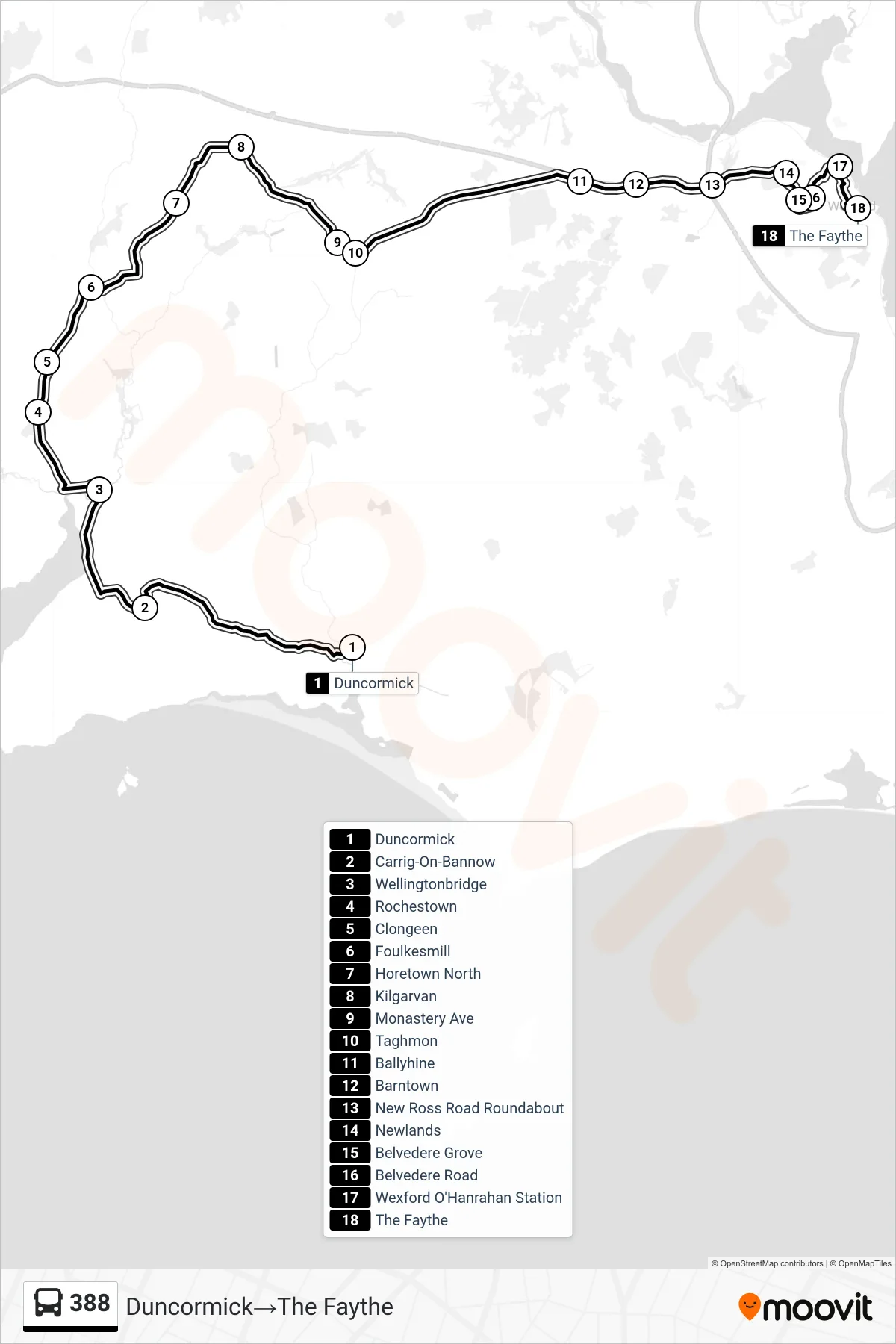 388 bus Line (Duncormick→The Faythe) route and stops on a map