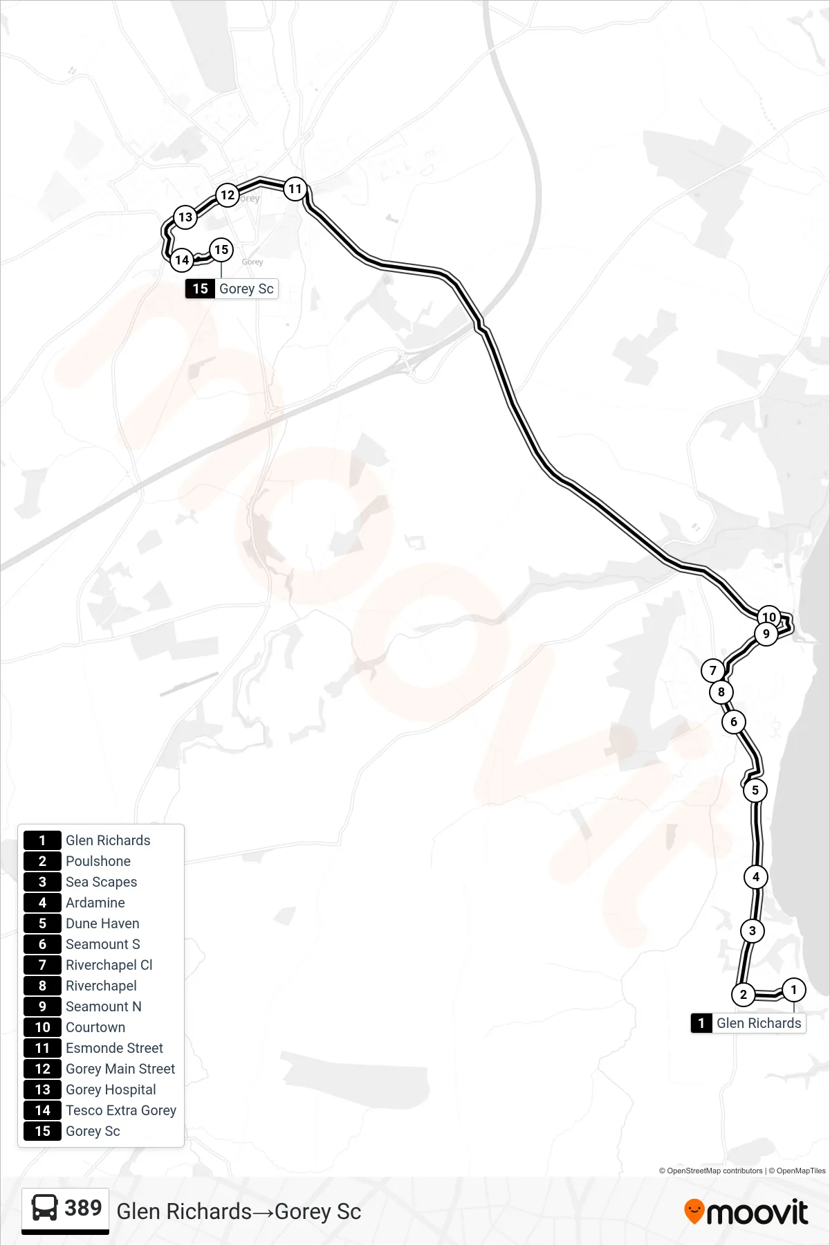 389 bus Line (Glen Richards‎→Gorey Sc) route and stops on a map