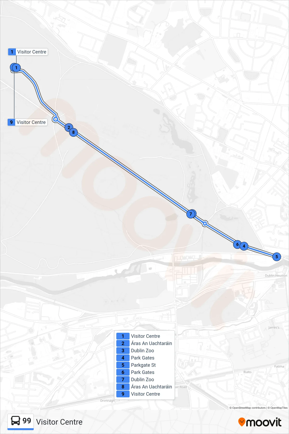 99 bus Line (Visitor Centre) route and stops on a map