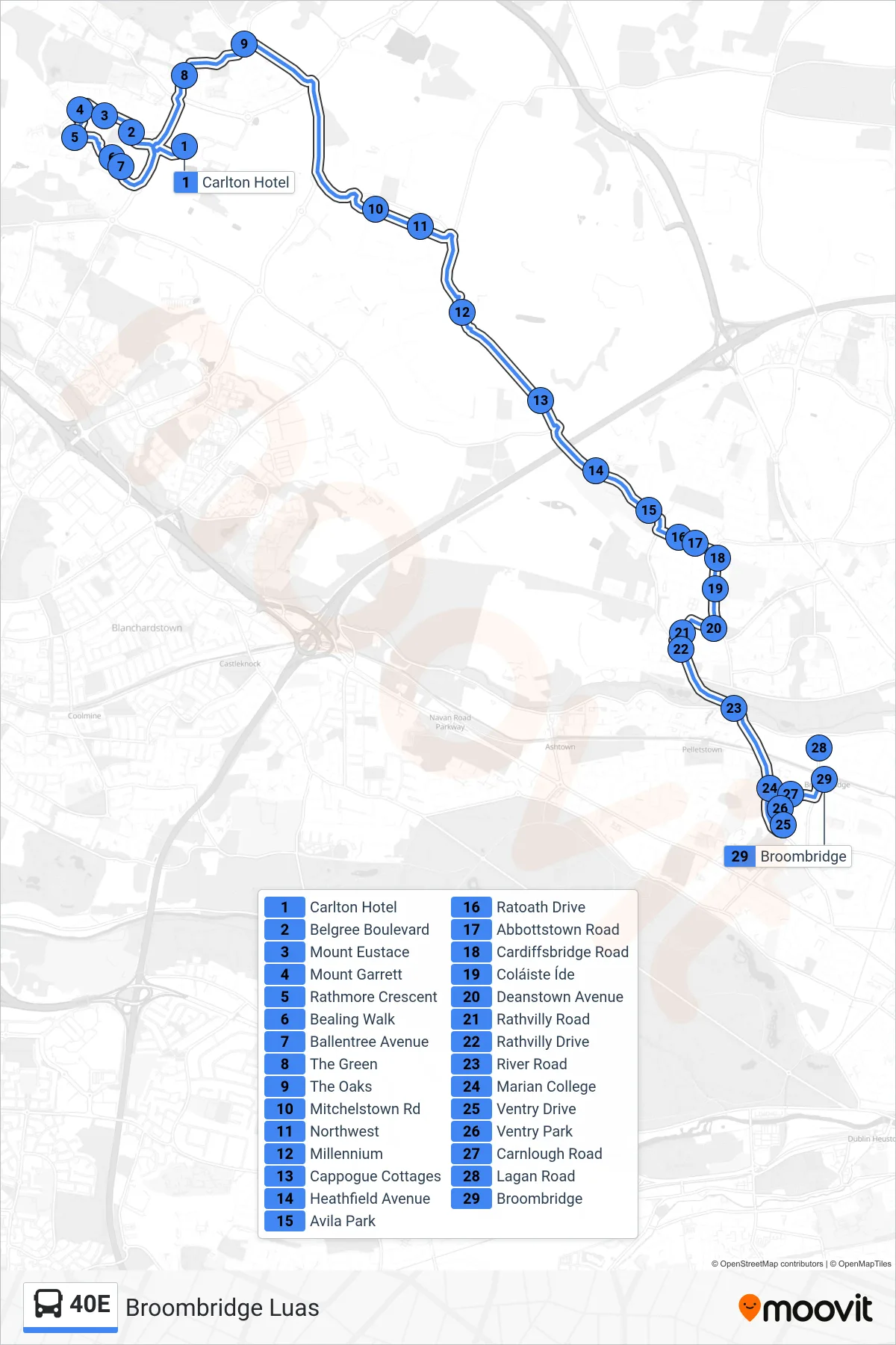 40E bus Line (Broombridge Luas) route and stops on a map