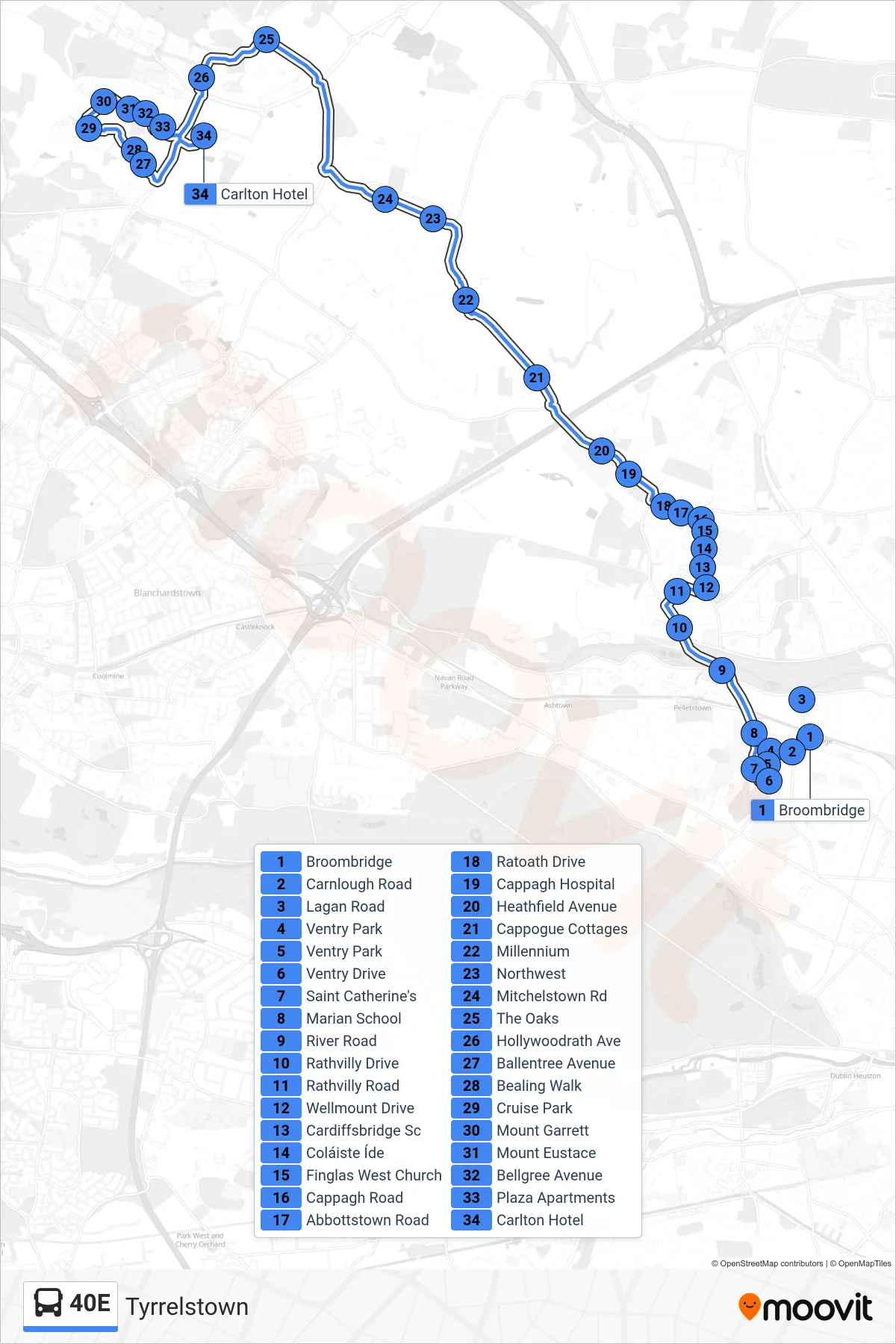 40E bus Line (Tyrrelstown) route and stops on a map