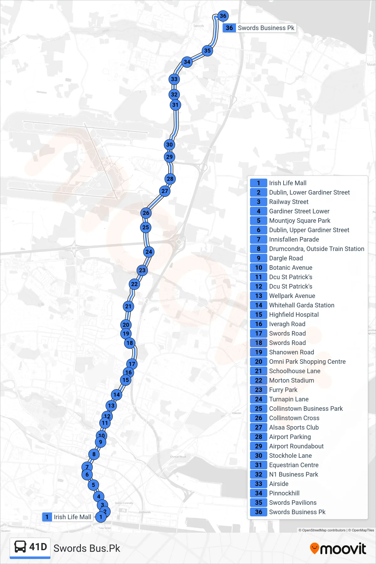 41D bus Line (Swords Bus.Pk) route and stops on a map