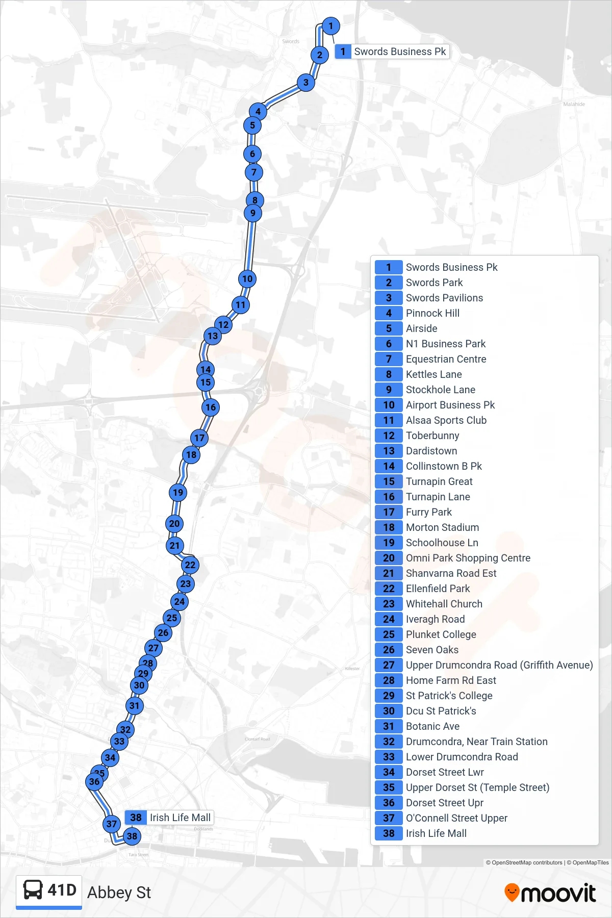 41D bus Line (Abbey St) route and stops on a map