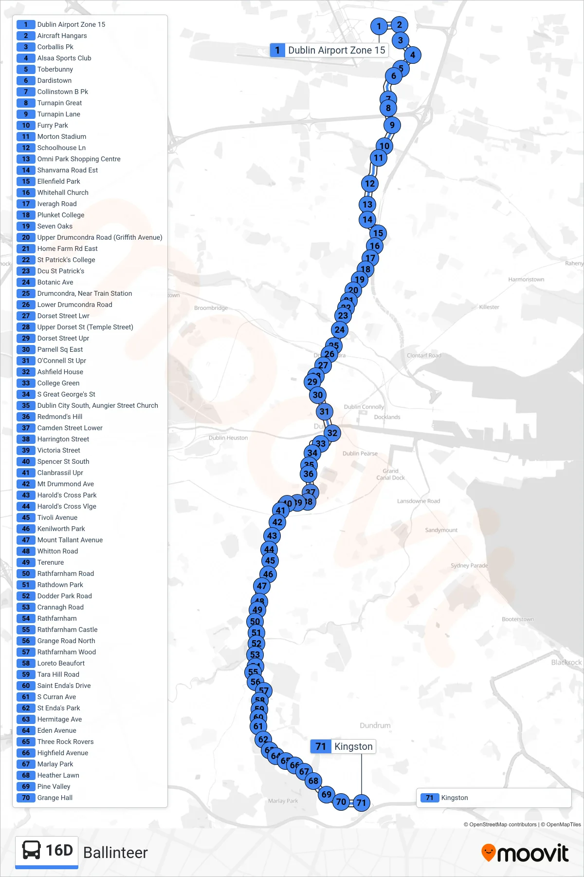 16D bus Line (Ballinteer) route and stops on a map