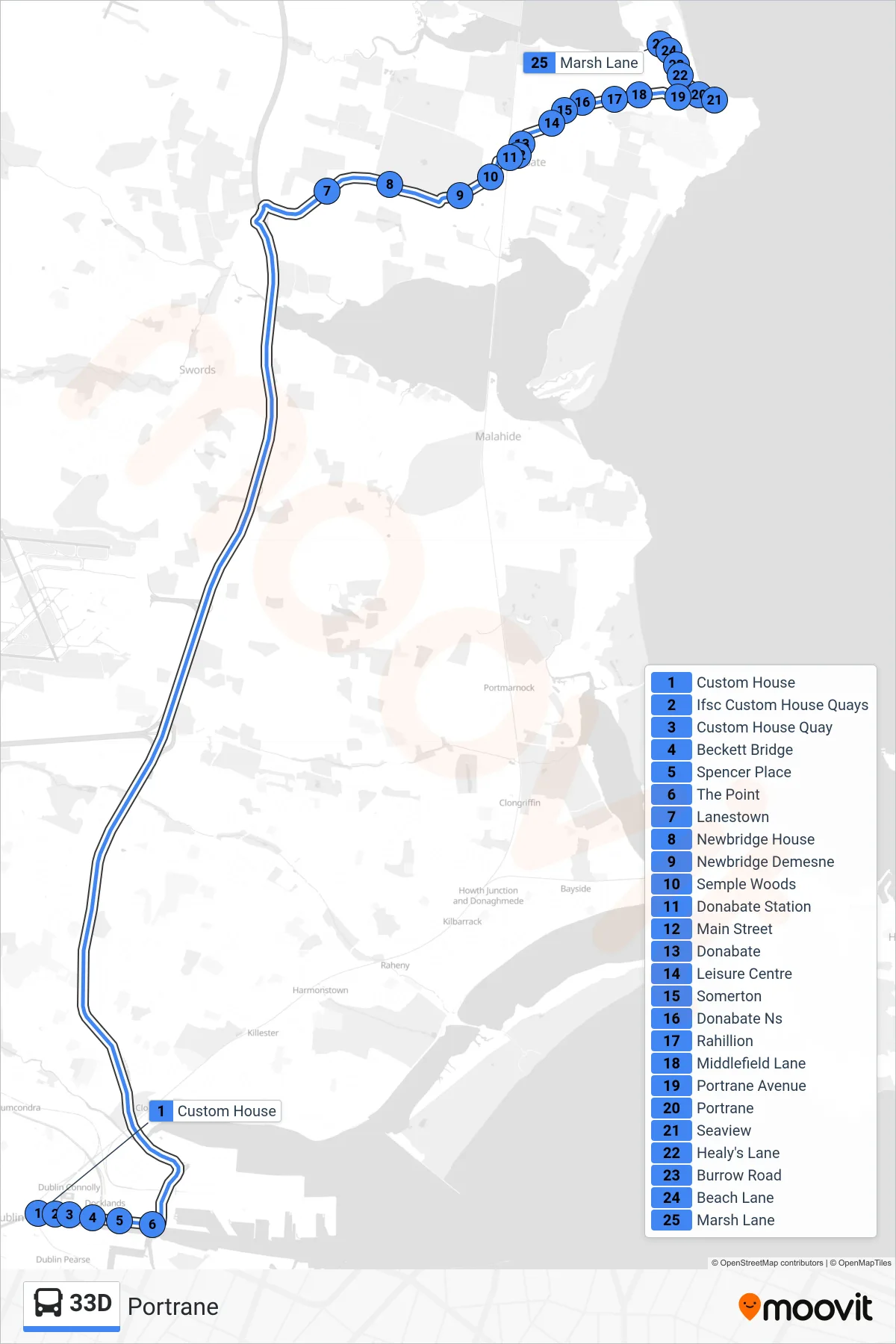 33D bus Line (Portrane) route and stops on a map