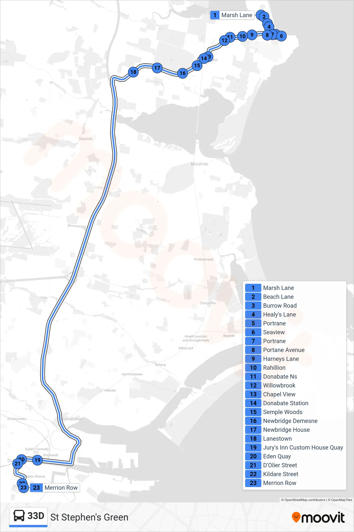 33D bus Line (St Stephen's Green) route and stops on a map
