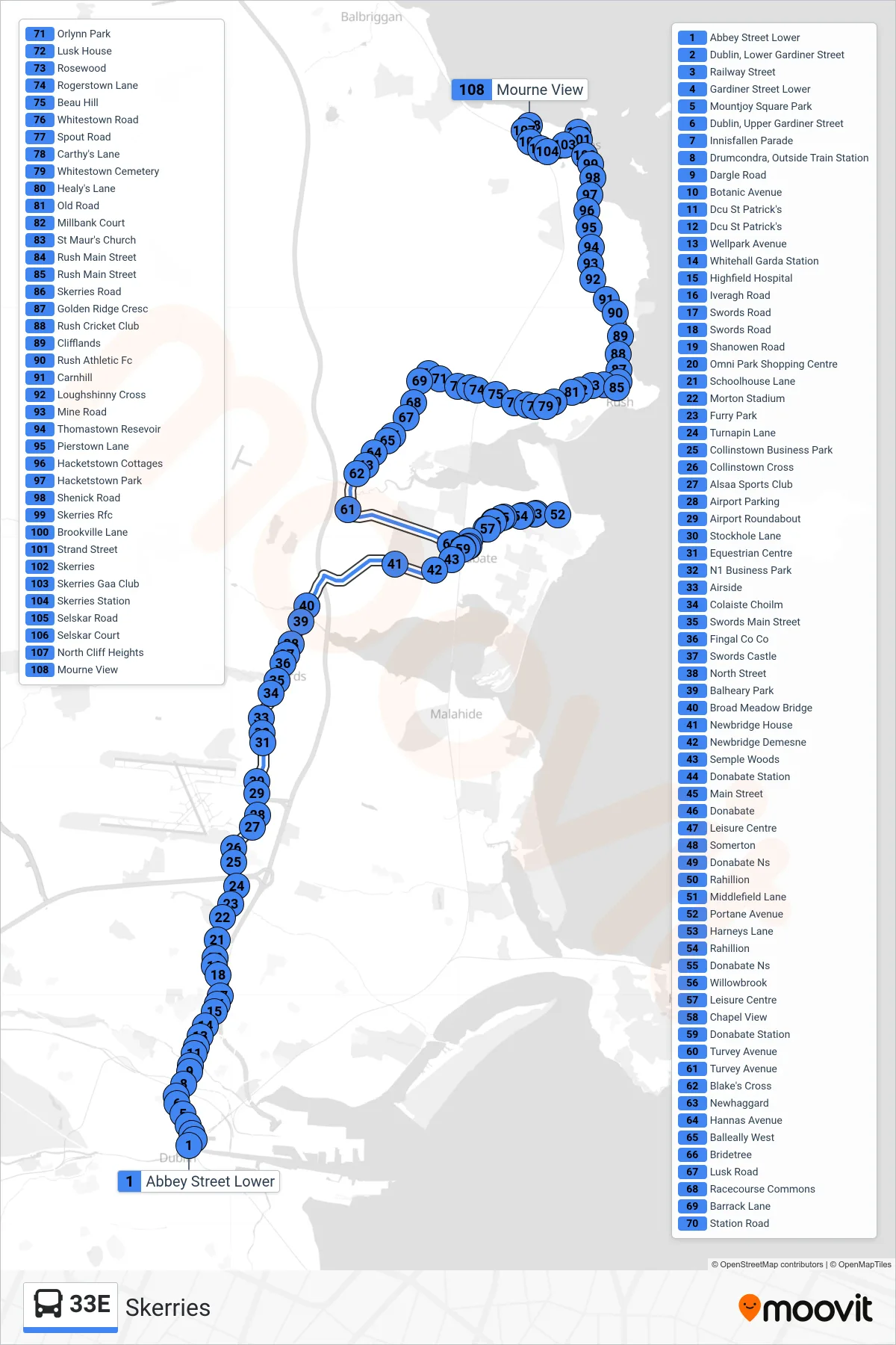 33E bus Line (Skerries) route and stops on a map