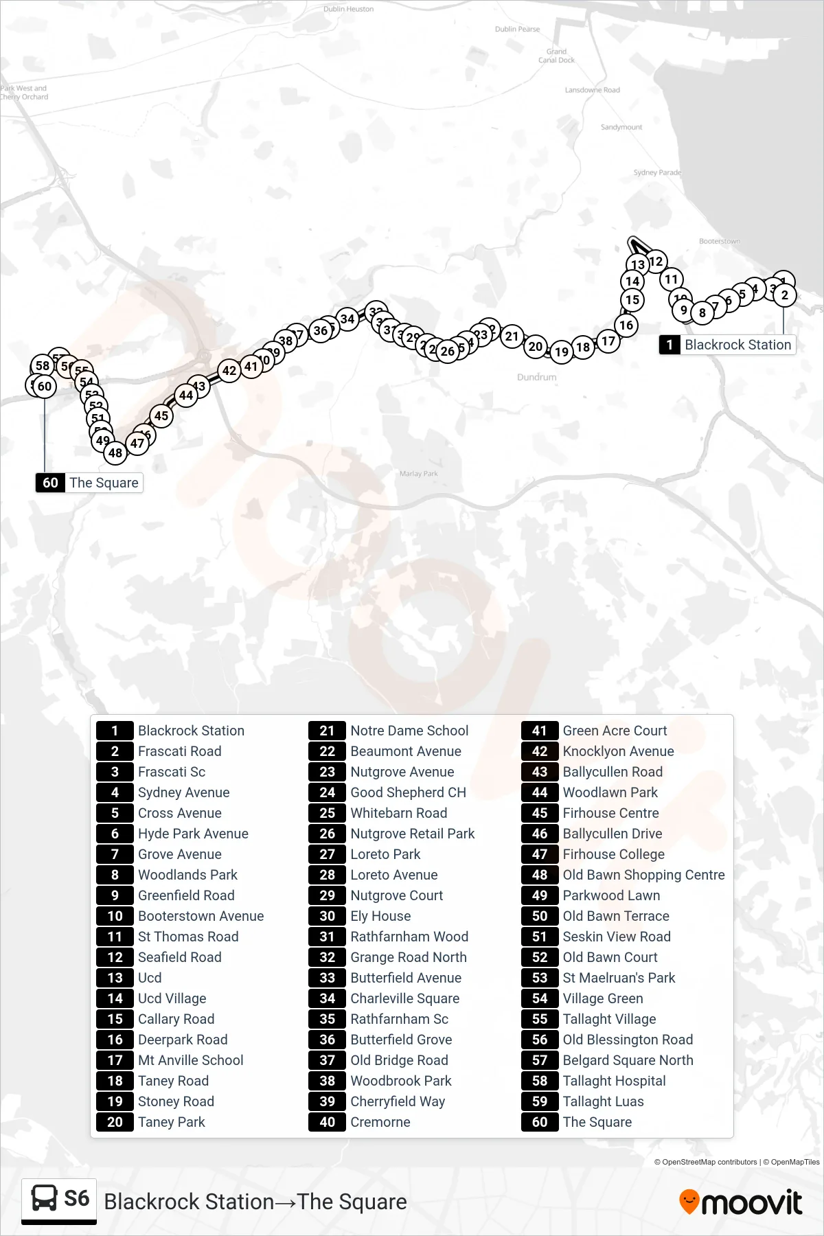 S6 bus Line (Blackrock Station‎→The Square) route and stops on a map