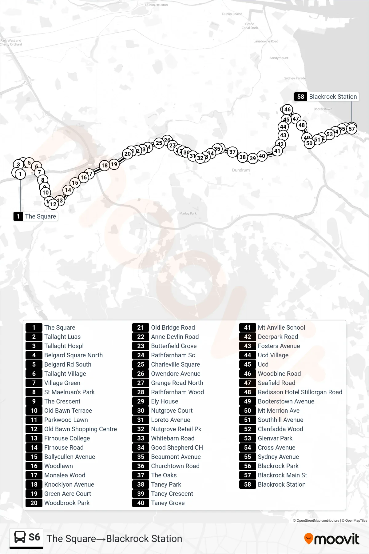S6 bus Line (The Square→Blackrock Station) route and stops on a map