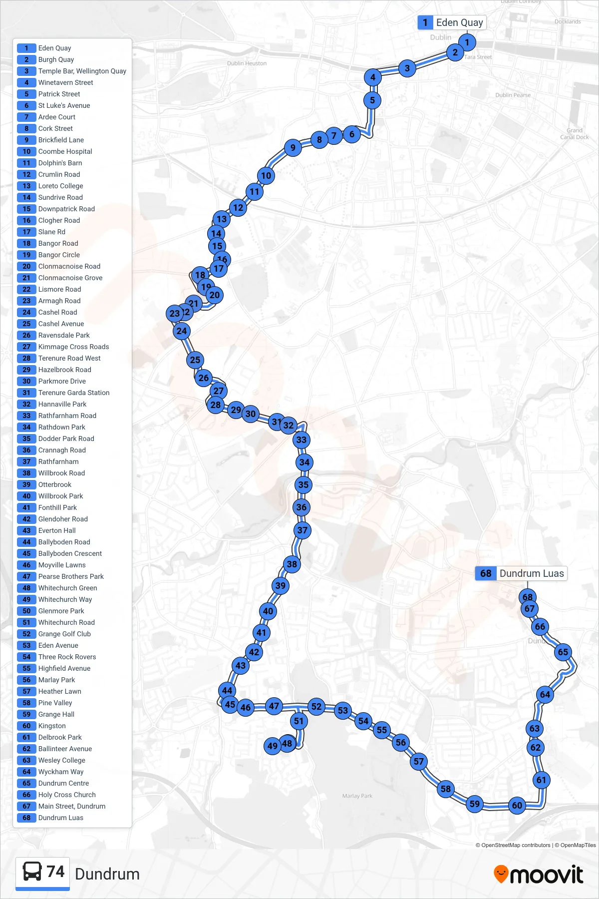 74 bus Line (Dundrum) route and stops on a map