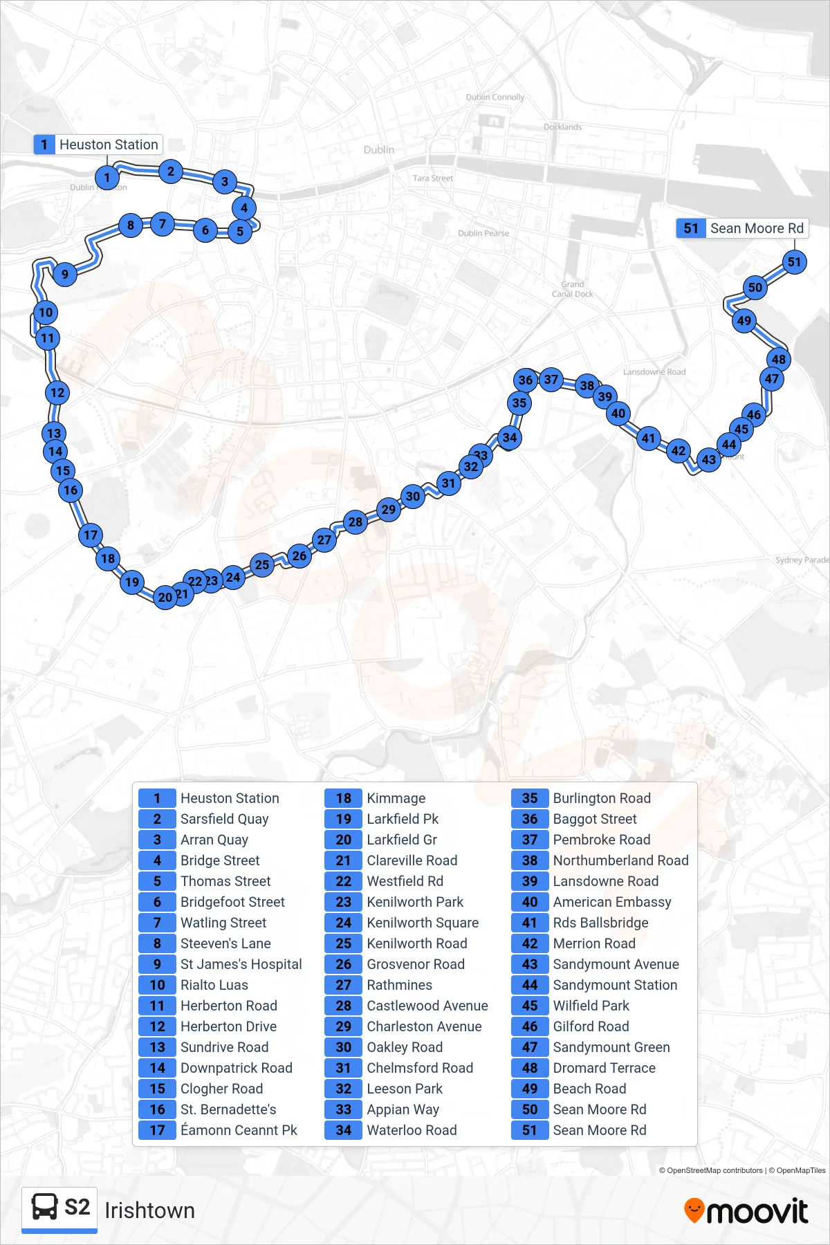 S2 bus Line (Irishtown) route and stops on a map