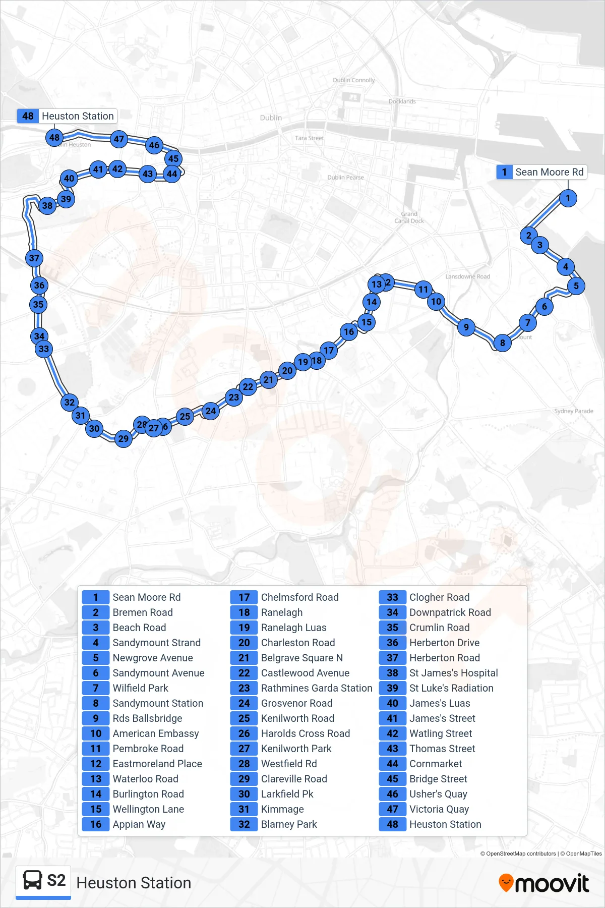 S2 bus Line (Heuston Station) route and stops on a map