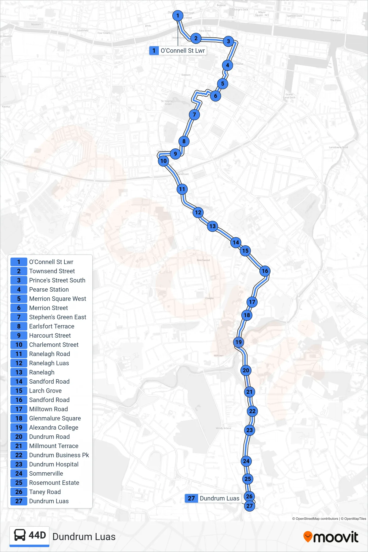 44D bus Line (Dundrum Luas) route and stops on a map