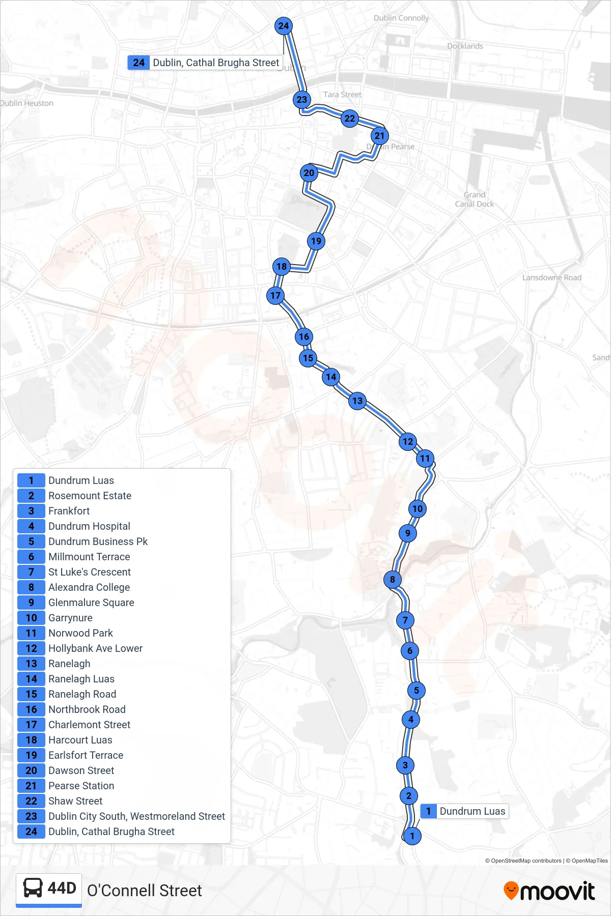 44D bus Line (O'Connell Street) route and stops on a map