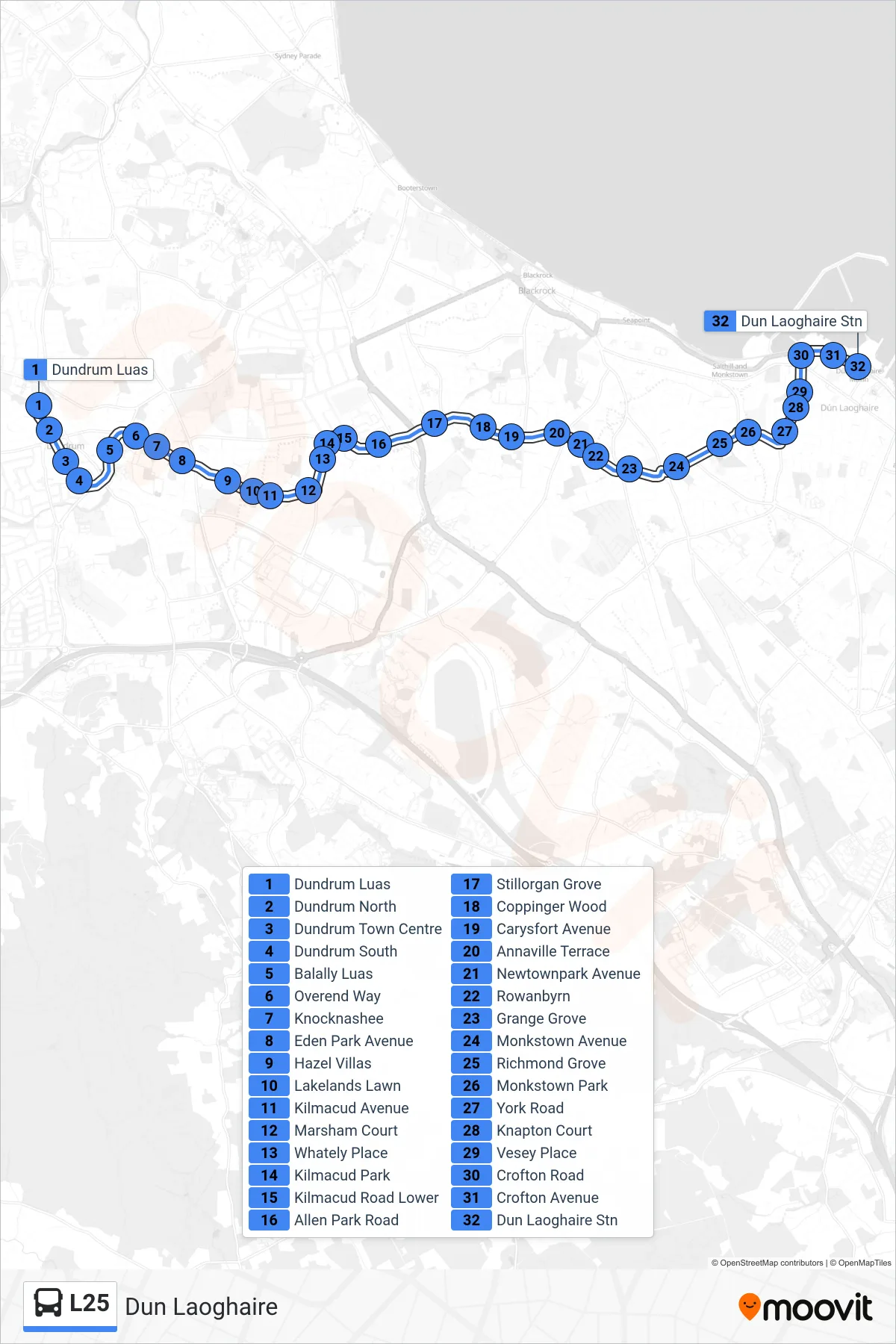 L25 bus Line (Dun Laoghaire) route and stops on a map