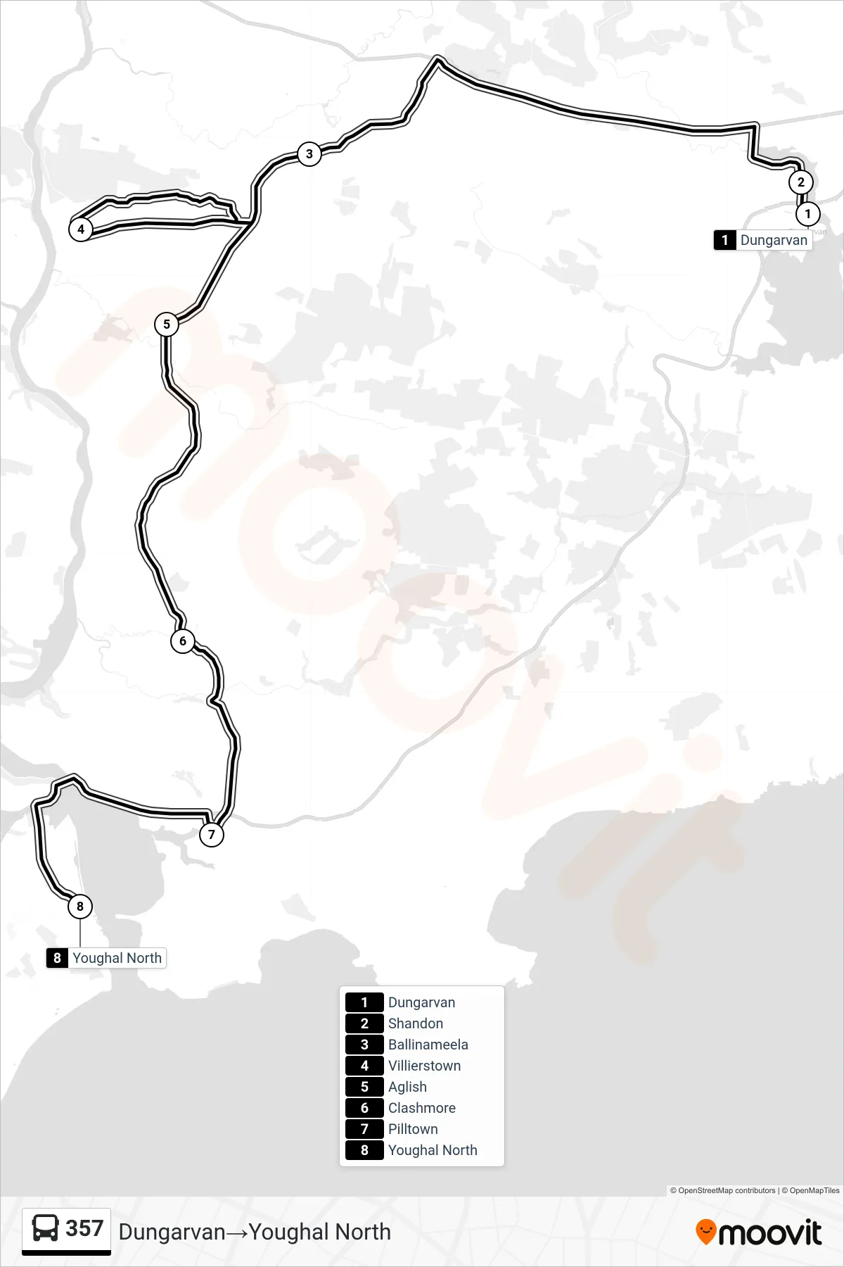 357 bus Line (Dungarvan→Youghal North) route and stops on a map