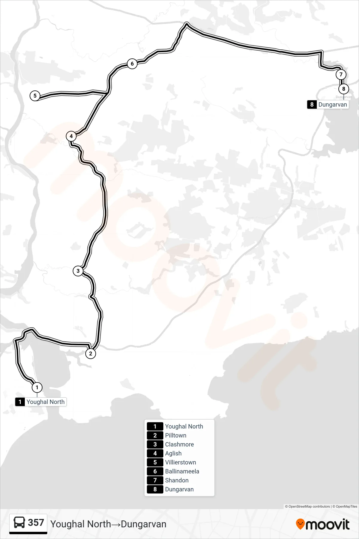 357 bus Line (Youghal North‎→Dungarvan) route and stops on a map