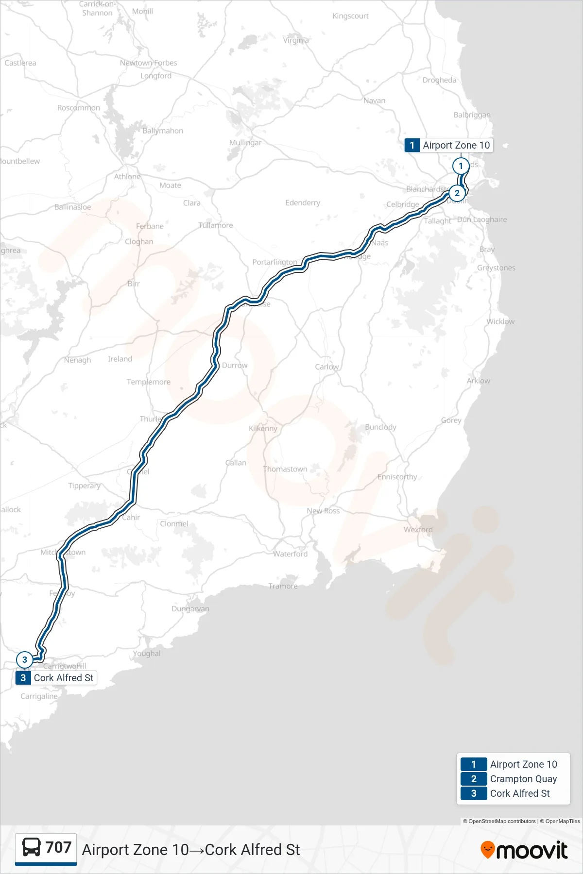 707 bus Line (Airport Zone 10‎→Cork Alfred St) route and stops on a map