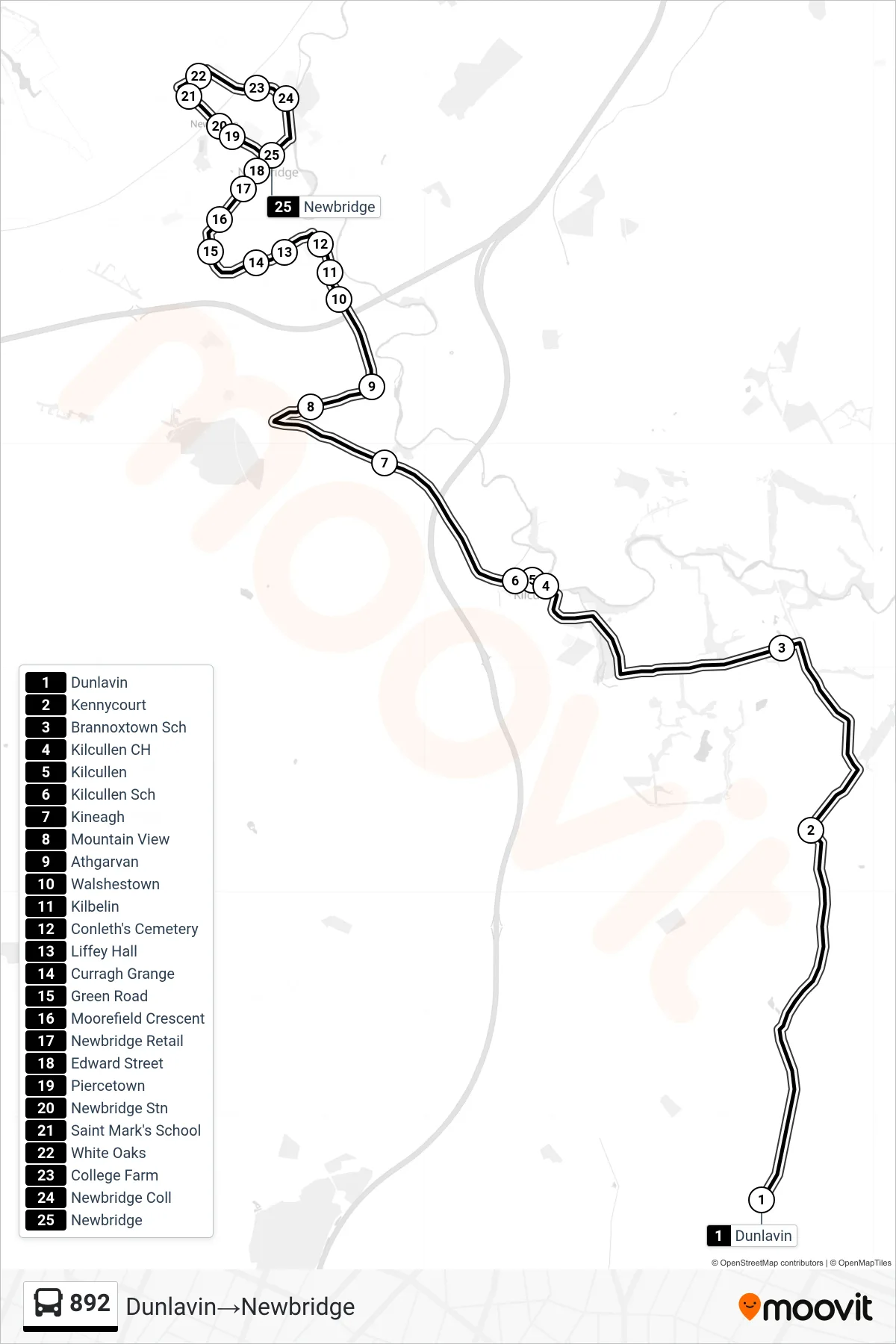 892 bus Line (Dunlavin→Newbridge) route and stops on a map