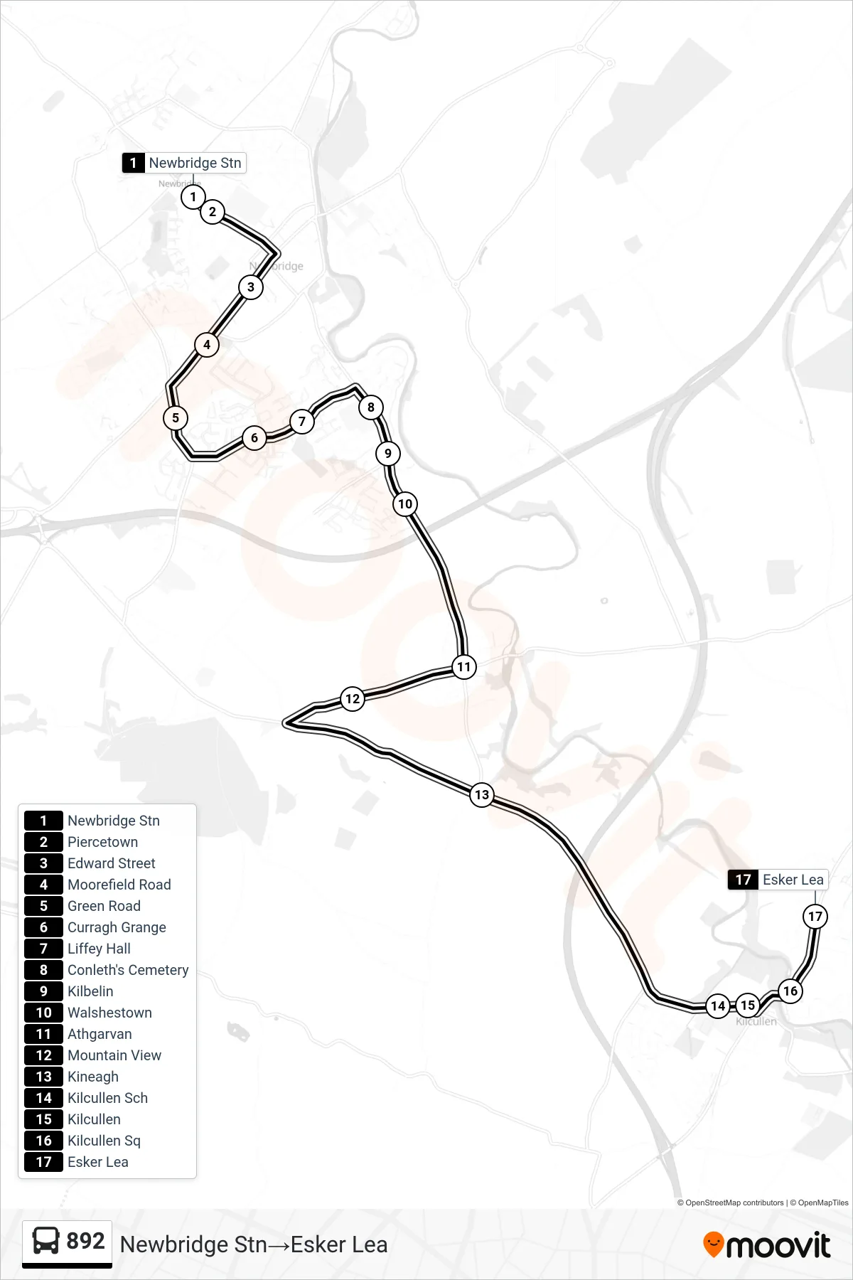 892 bus Line (Newbridge Stn→Esker Lea) route and stops on a map