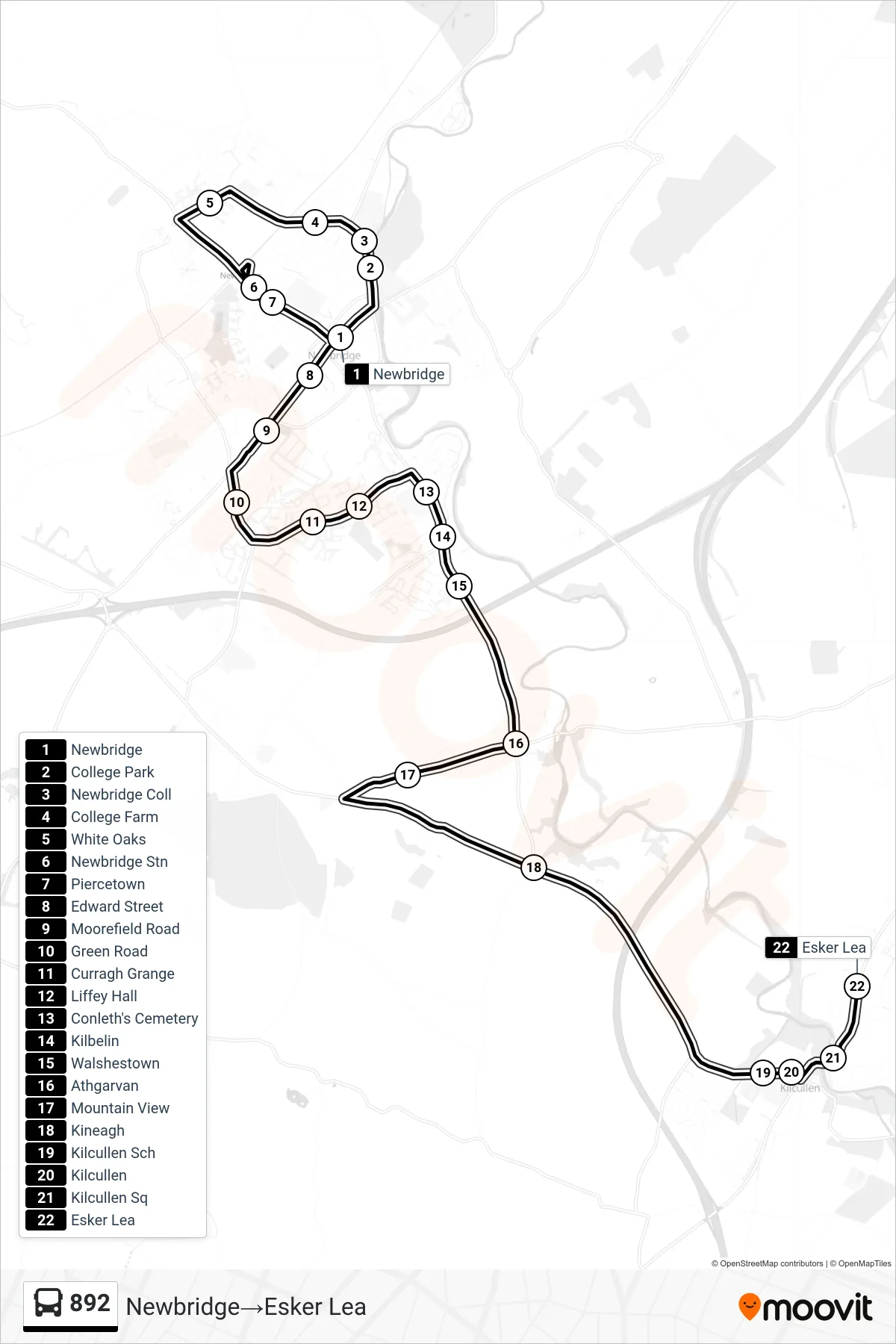 892 bus Line (Newbridge→Esker Lea) route and stops on a map