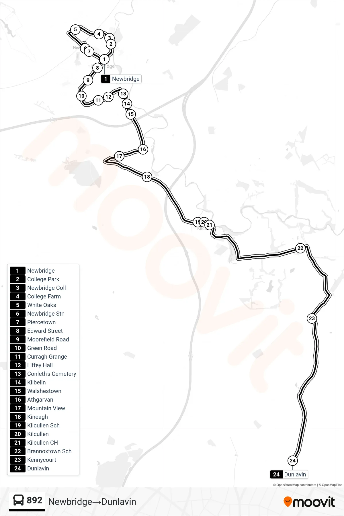 892 bus Line (Newbridge‎→Dunlavin) route and stops on a map