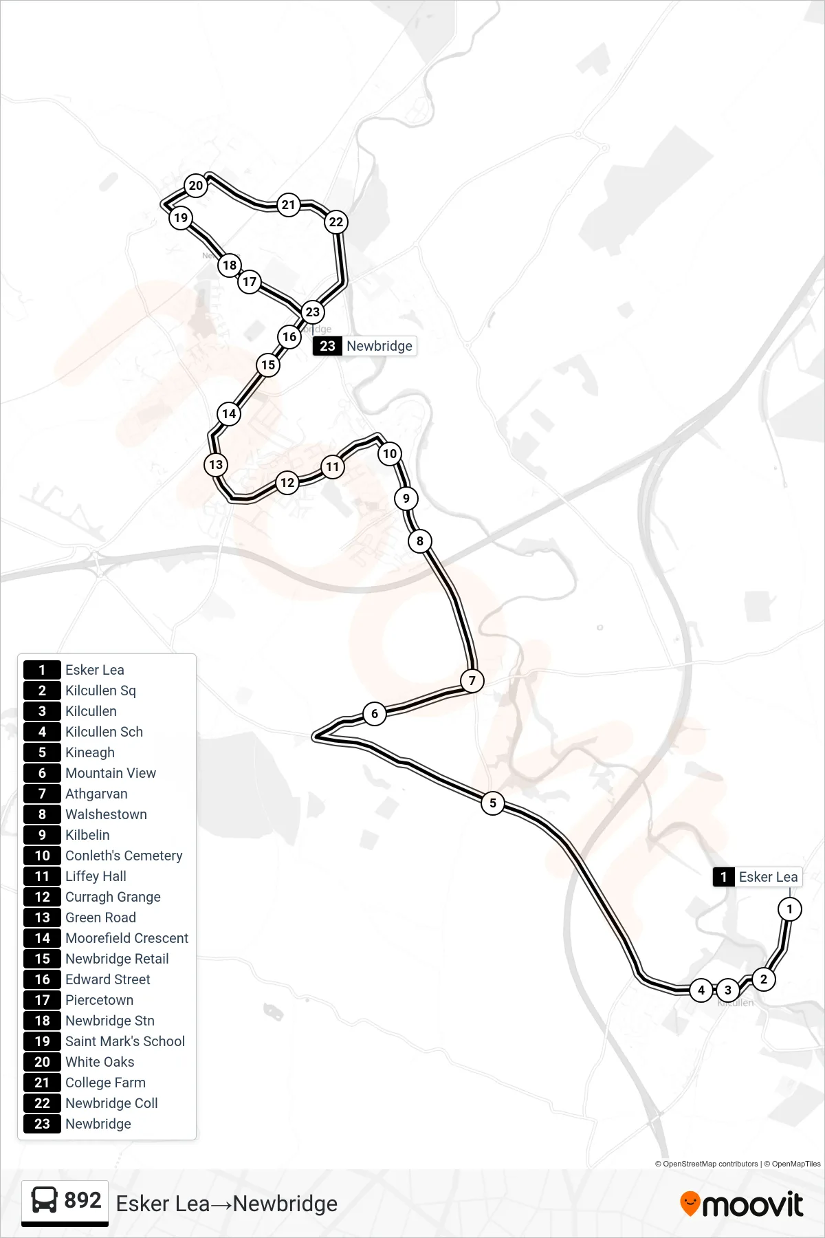 892 bus Line (Esker Lea‎→Newbridge) route and stops on a map