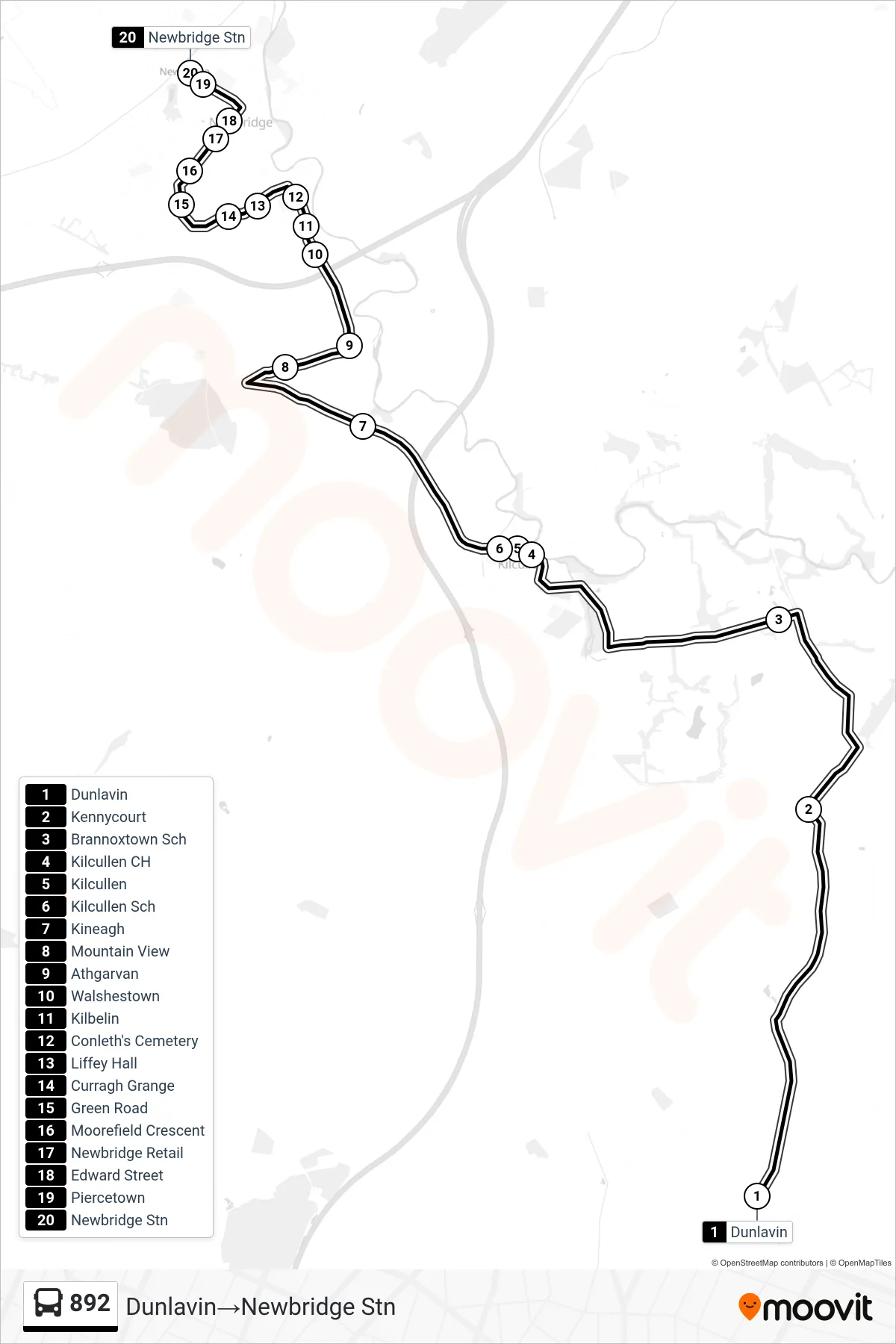892 bus Line (Dunlavin‎→Newbridge Stn) route and stops on a map