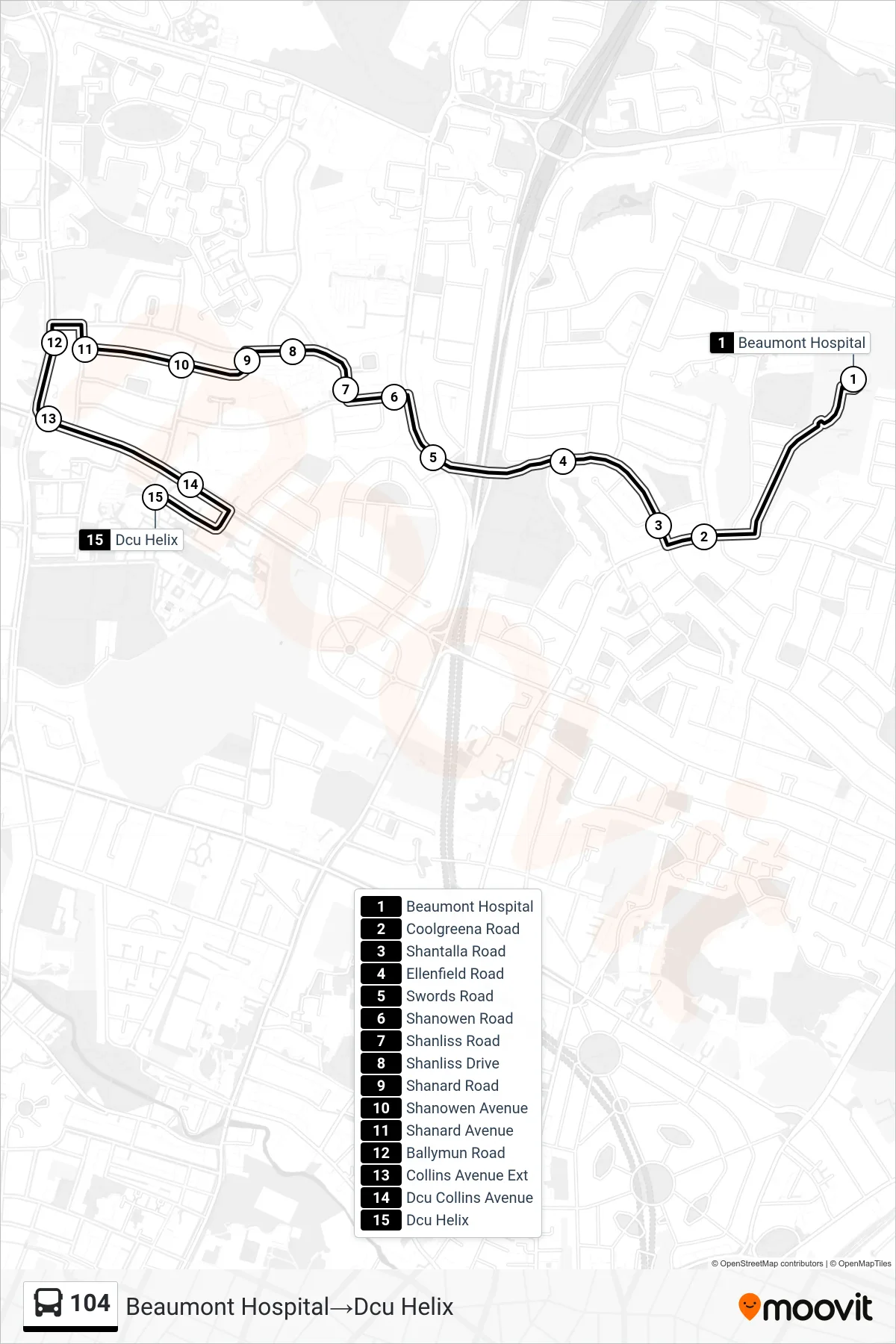 104 bus Line (Beaumont Hospital‎→Dcu Helix) route and stops on a map