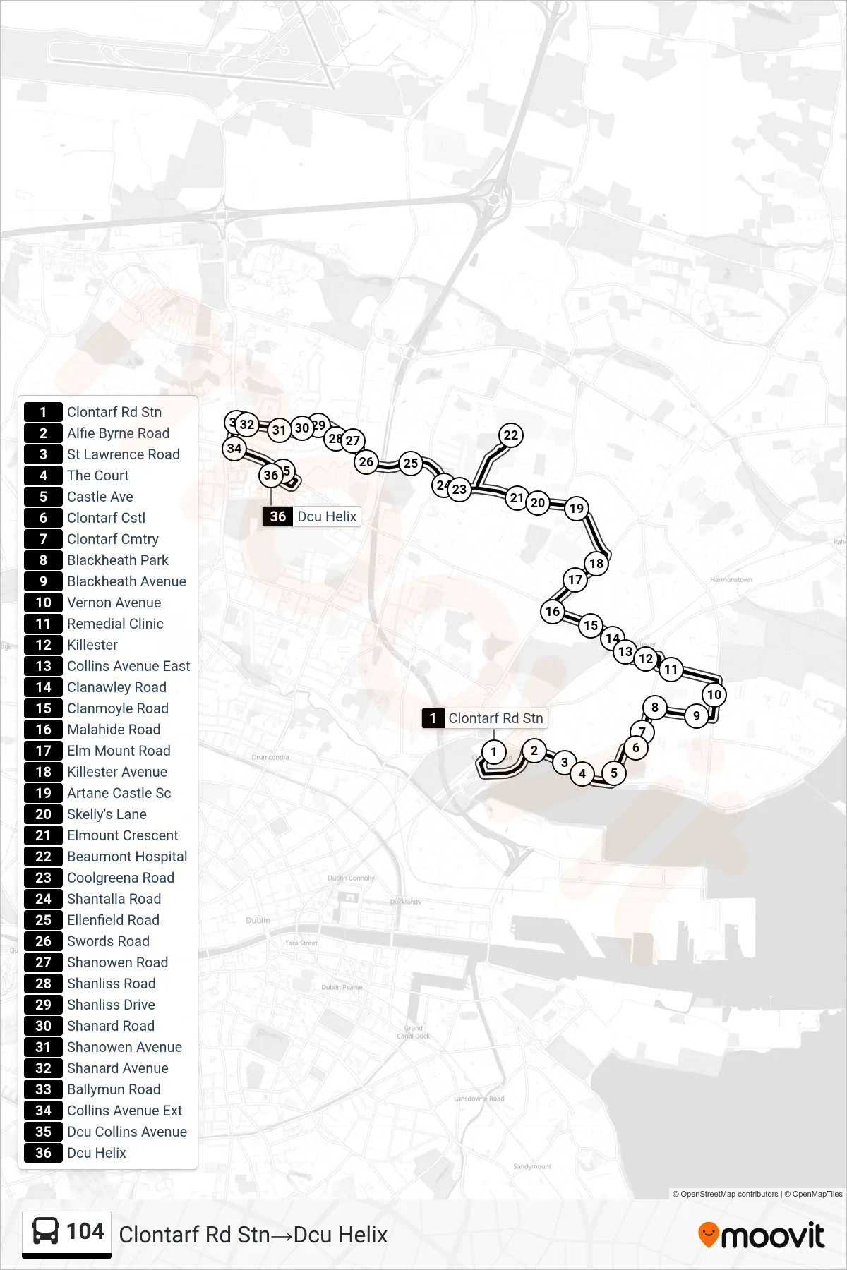 104 bus Line (Clontarf Rd Stn→Dcu Helix) route and stops on a map