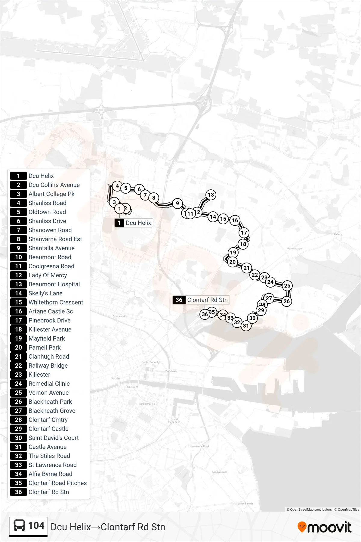 104 bus Line (Dcu Helix→Clontarf Rd Stn) route and stops on a map