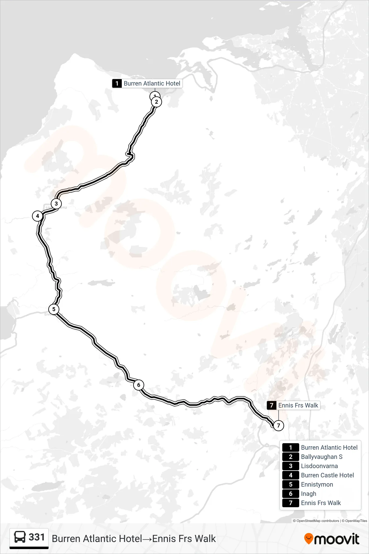 331 bus Line (Burren Atlantic Hotel‎→Ennis Frs Walk) route and stops on a map