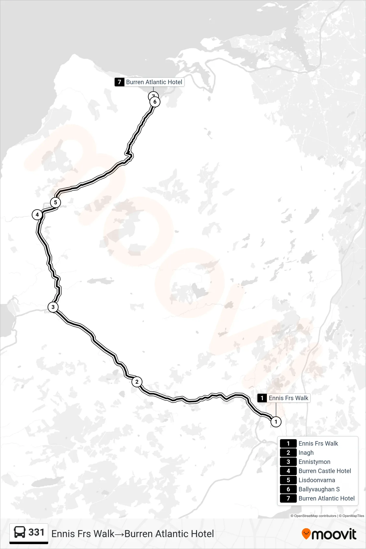 331 bus Line (Ennis Frs Walk→Burren Atlantic Hotel) route and stops on a map
