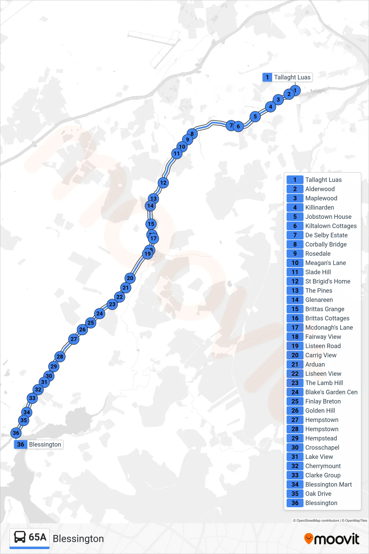 65A bus Line (Blessington) route and stops on a map