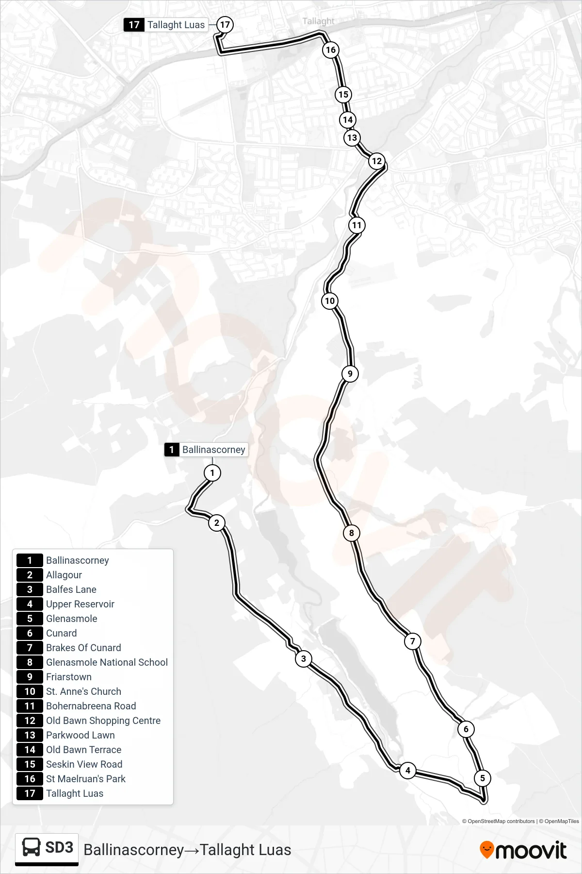 SD3 bus Line (Ballinascorney→Tallaght Luas) route and stops on a map