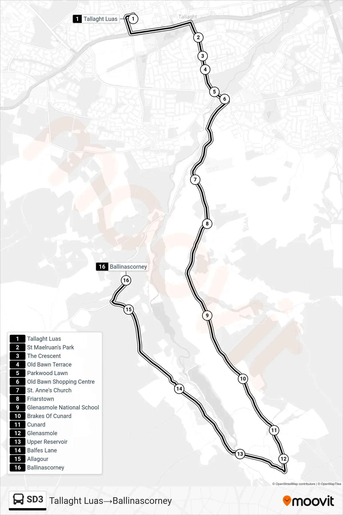 SD3 bus Line (Tallaght Luas→Ballinascorney) route and stops on a map