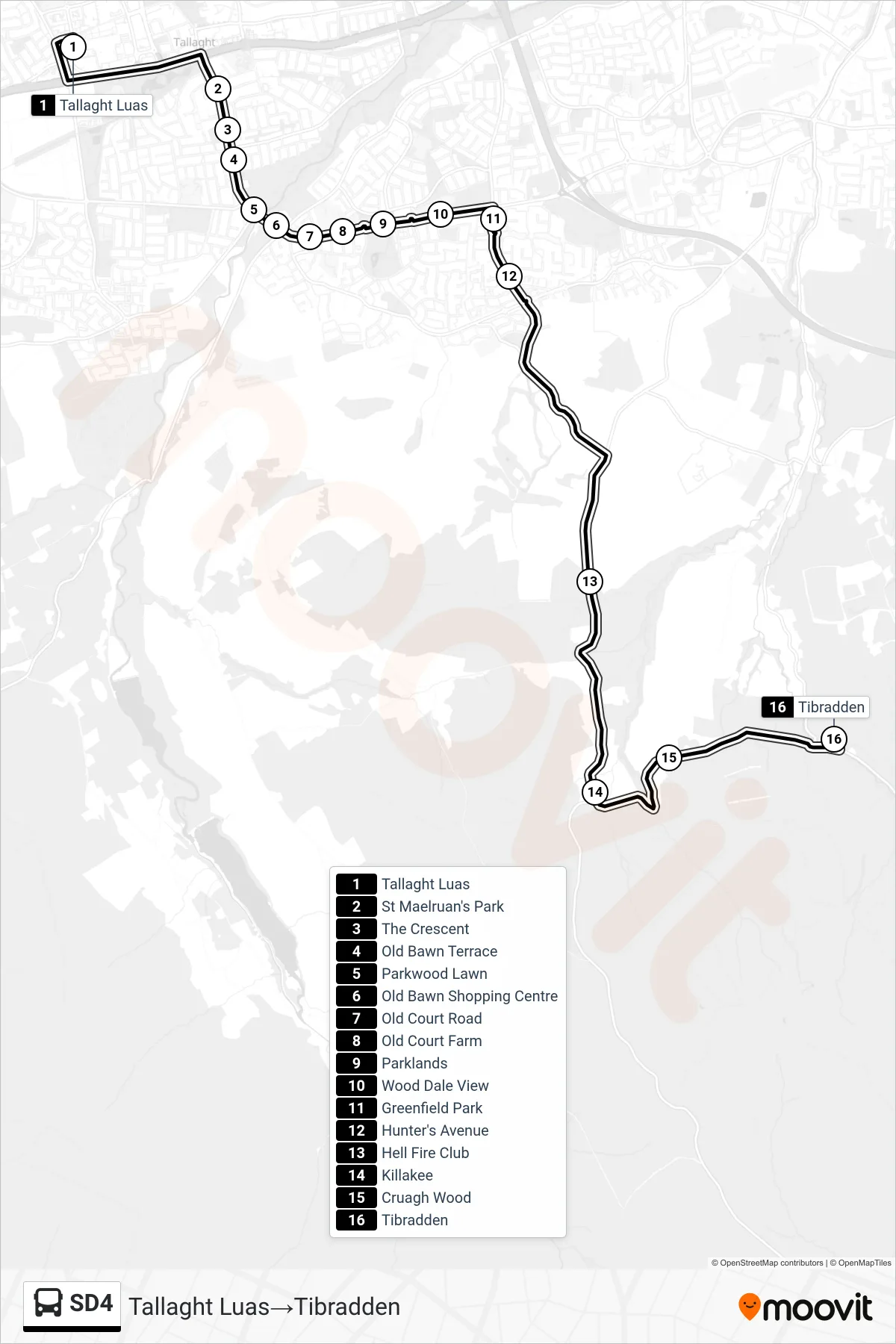 SD4 bus Line (Tallaght Luas→Tibradden) route and stops on a map