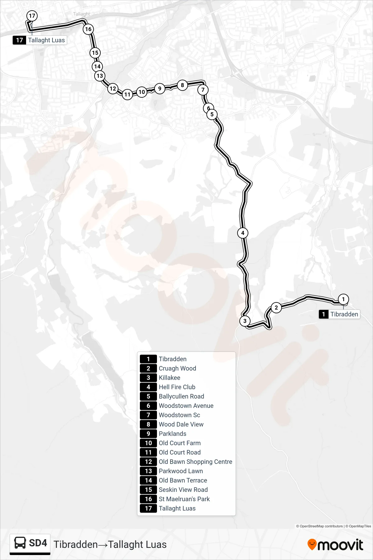 SD4 bus Line (Tibradden‎→Tallaght Luas) route and stops on a map