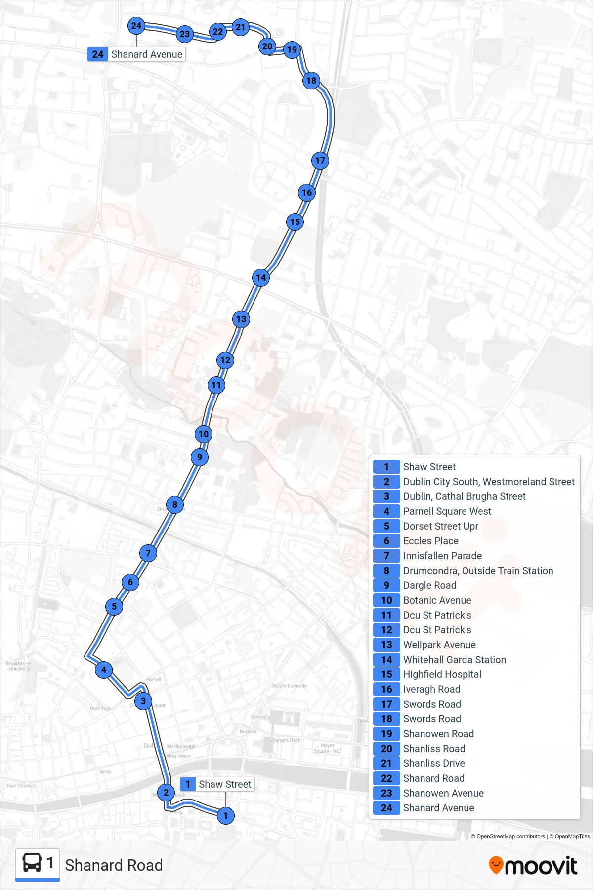 1 bus Line (Shanard Road) route and stops on a map