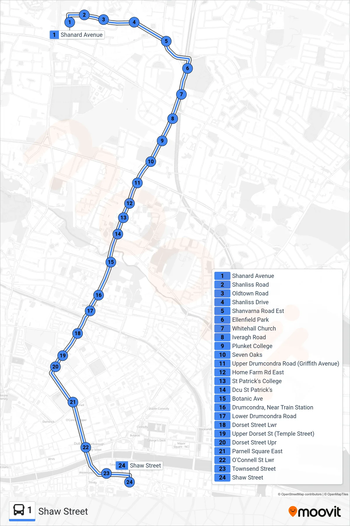 1 bus Line (Shaw Street) route and stops on a map