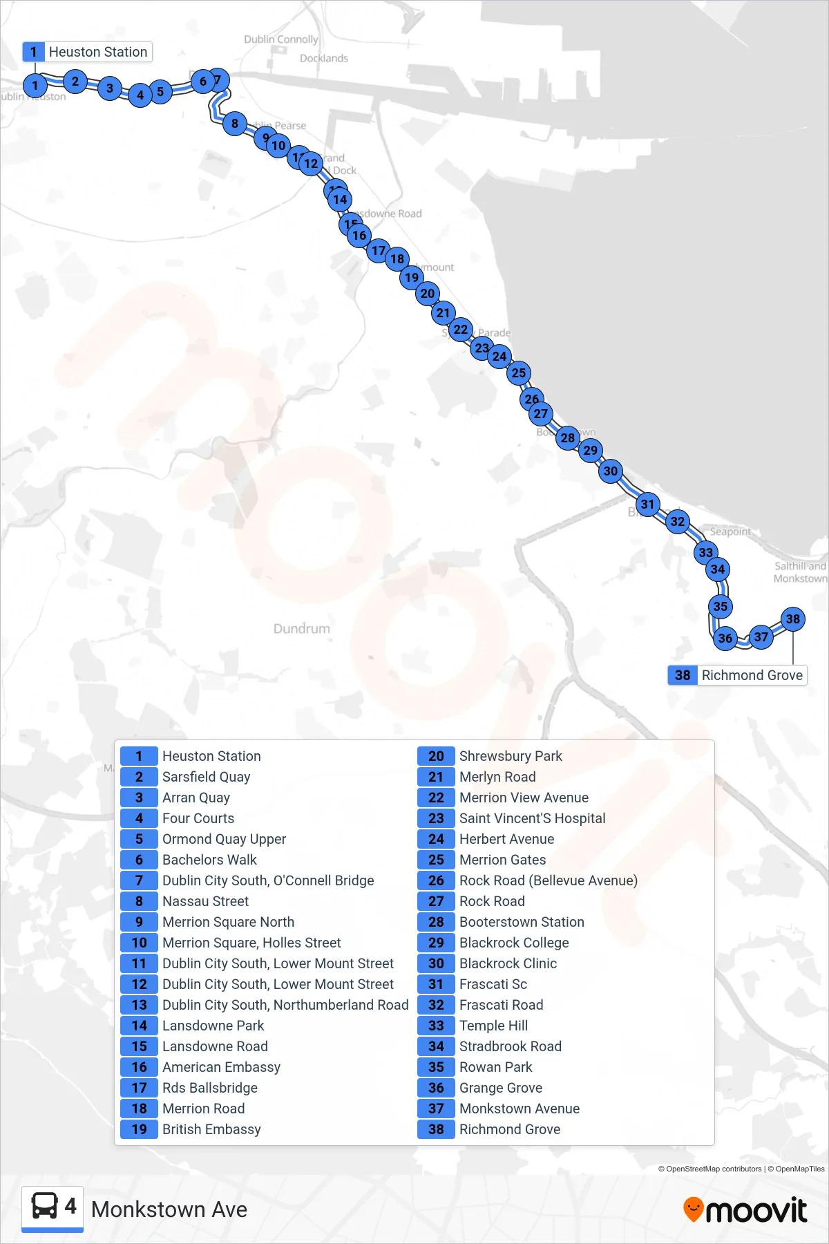 4 bus Line (Monkstown Ave) route and stops on a map