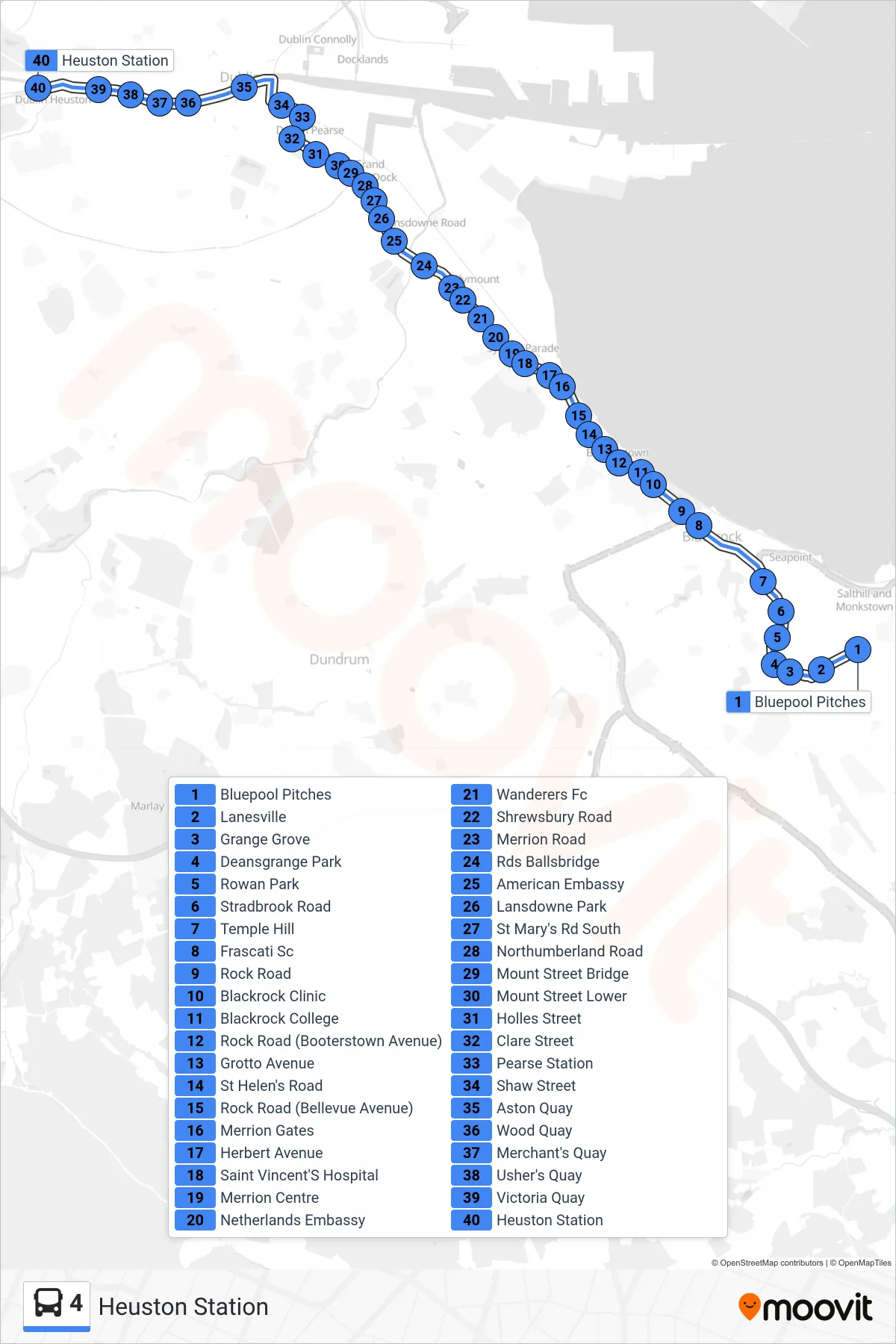 4 bus Line (Heuston Station) route and stops on a map